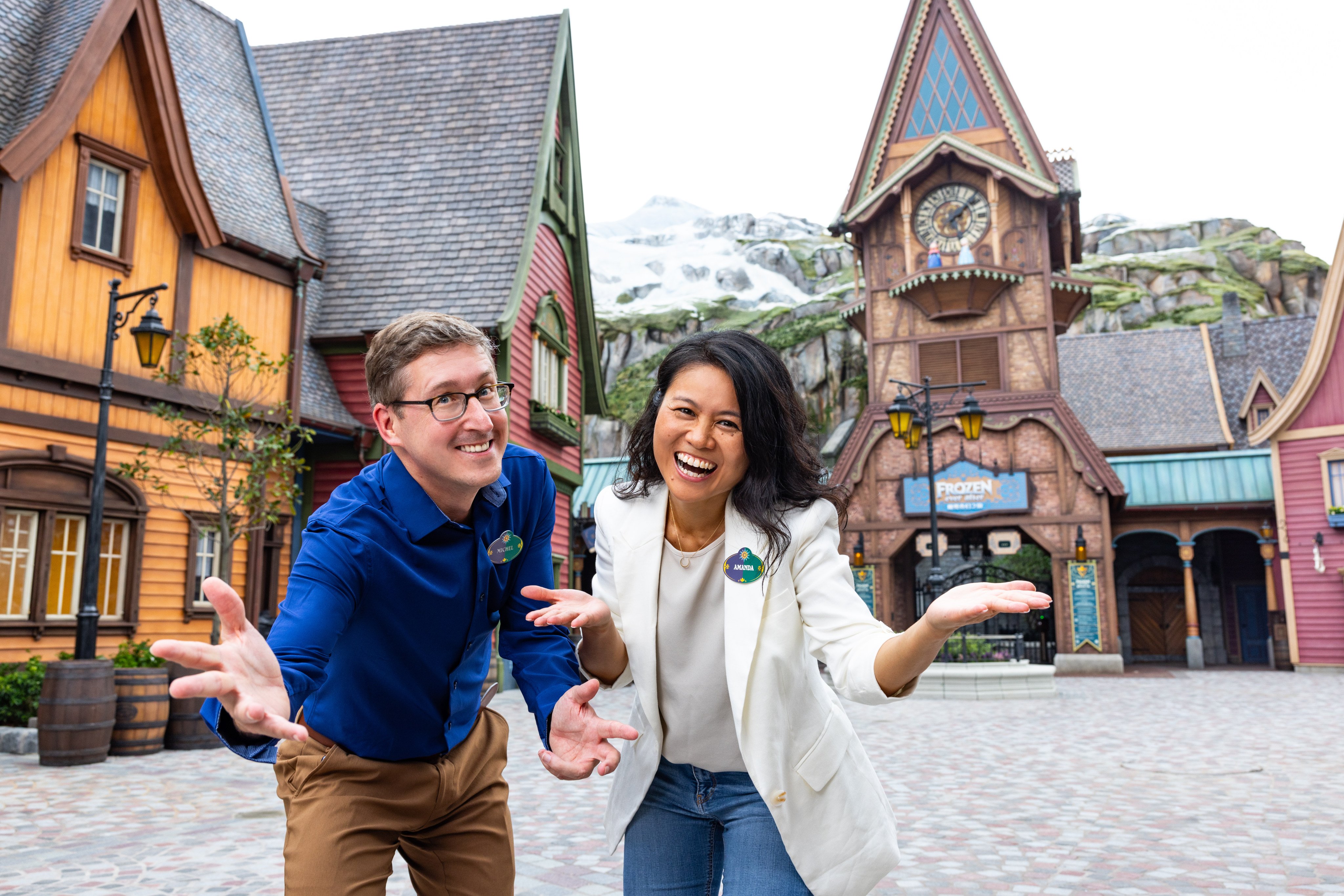Michel den Dulk, executive creative director of Walt Disney Imagineering, and Amanda Chiu, senior producer of Walt Disney Imagineering, in the magical kingdom of Arendelle, which they helped to design at Hong Kong Disneyland’s new themed land, World of Frozen. 