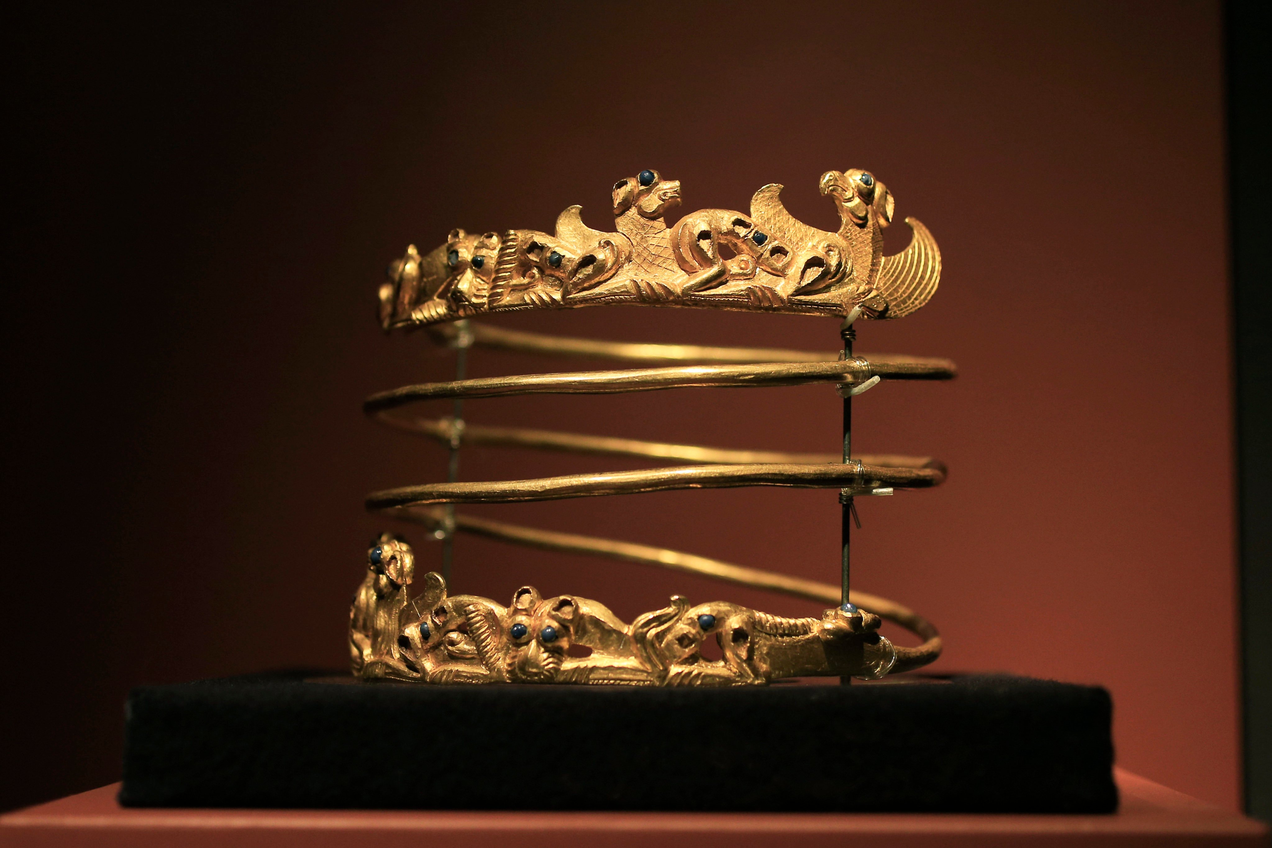 A spiralling torque from the second century AD on display as part of The Crimea - Gold and Secrets of the Black Sea exhibition, at Allard Pierson museum in Amsterdam in 2014. A collection of Crimean treasures was returned to Ukraine on Monday. Photo: AP