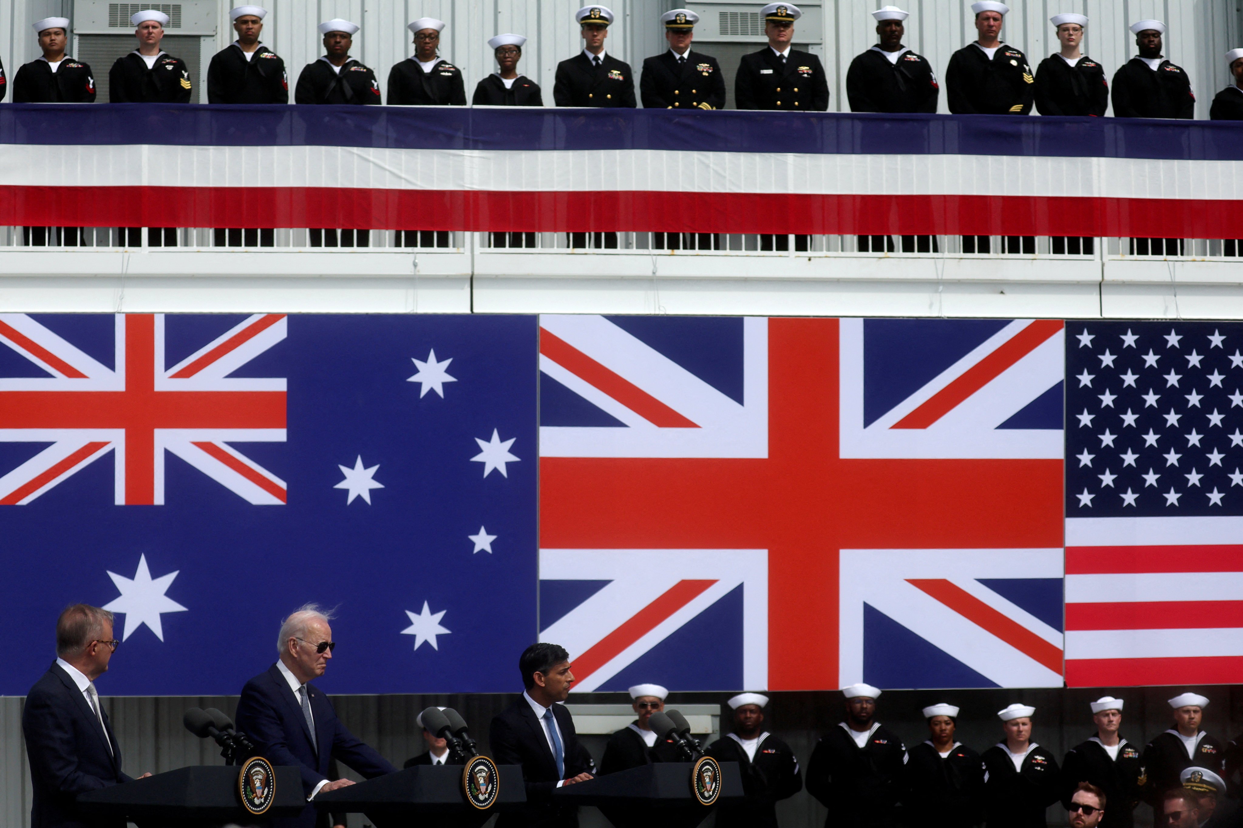 US President Joe Biden, Australian PM Anthony Albanese and British PM Rishi Sunak deliver remarks on the Australia-UK-US (AUKUS) partnership, after a meeting in San Diego on March 13, 2023. Photo: Reuters