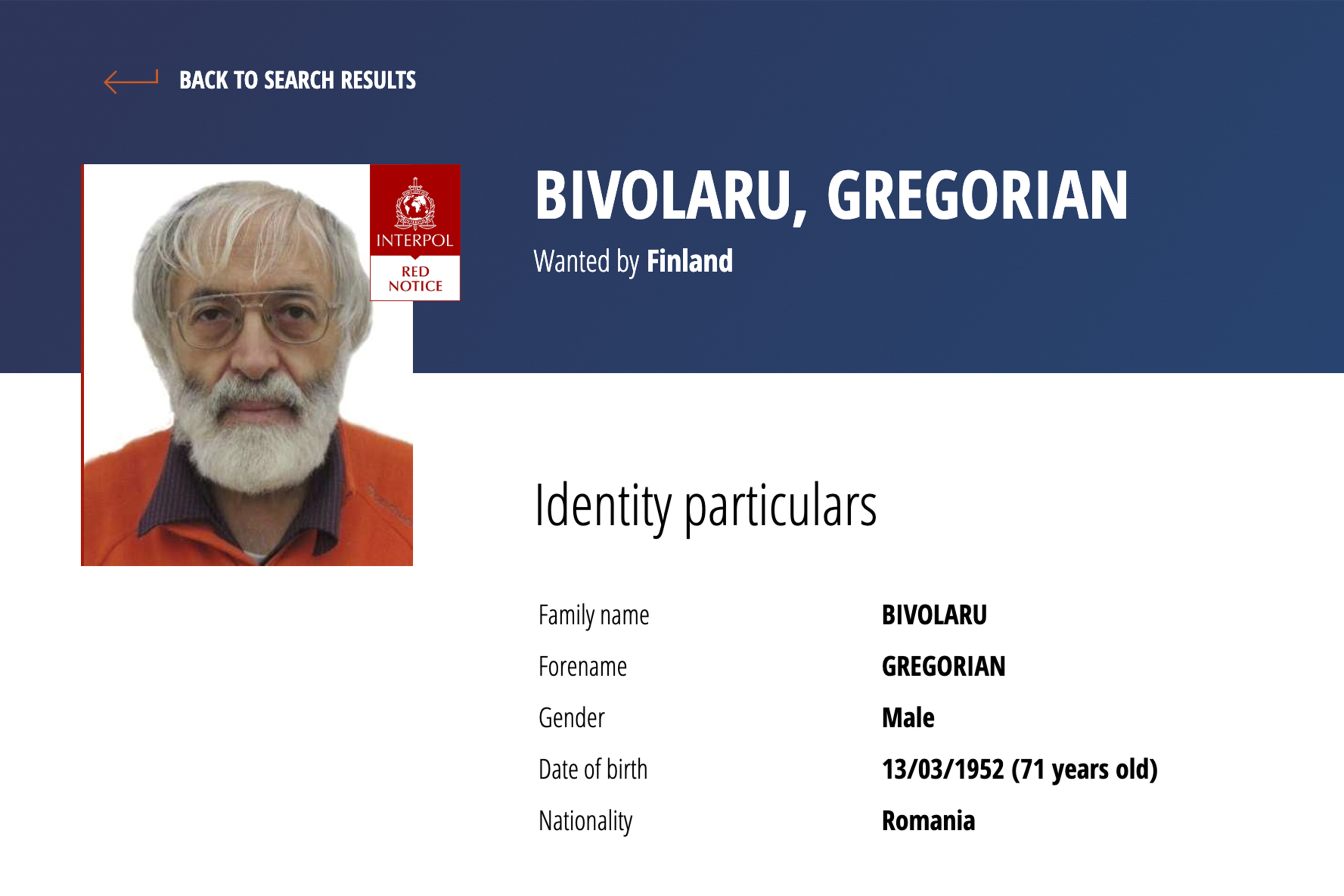 The red notice for Gregorian Bivolaru, 71, on Interpol’s website. Photo: Interpol via AP