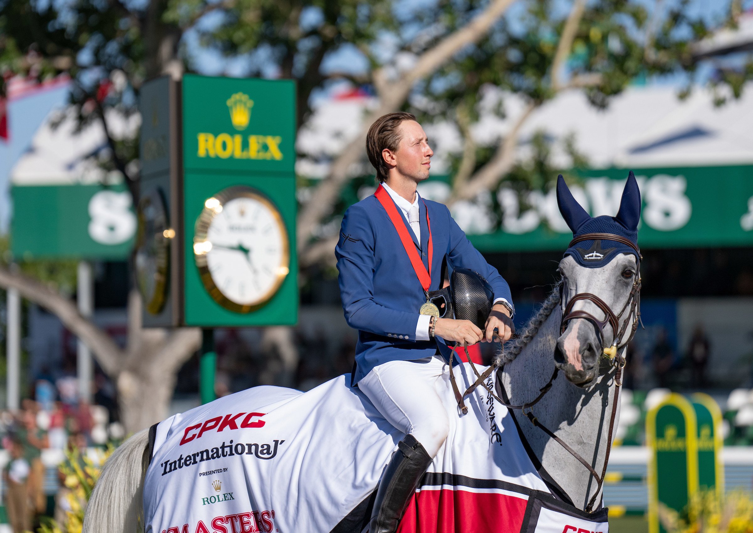 Martin Fuchs at the CPKC International Grand Prix, presented by Rolex, after riding Leone Jei to victory. The legendary Swiss luxury watch brand is the presenting sponsor of CHI Geneva as well as the sponsor of the International Jumping Riders Club top 10 final and the Rolex Grand Prix, and continues to partner with outstanding young show jumpers, including Fuchs, Steve Guerdat and Harry Charles. Photos: Handout