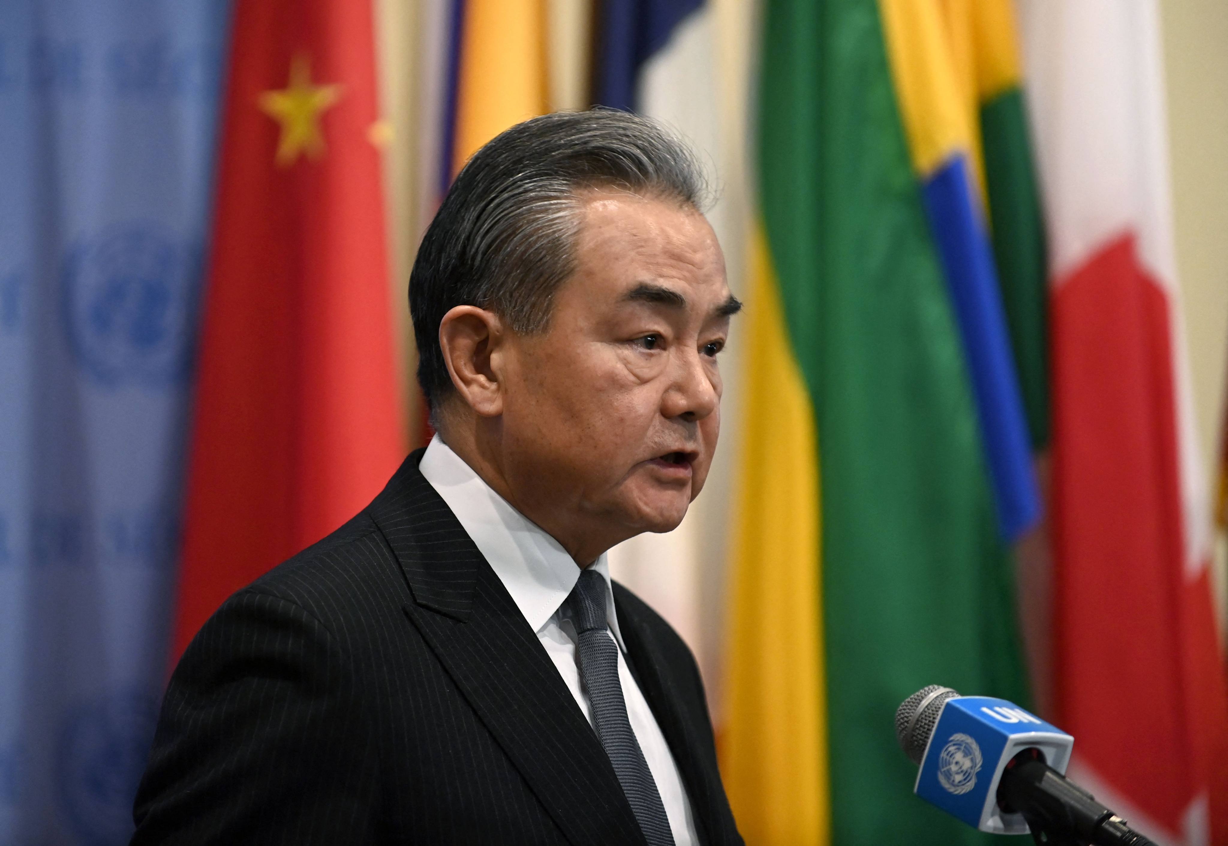 Chinese Foreign Minister Wang Yi speaks on Wednesday after a UN Security Council meeting on the situation in the Middle East. Photo: AFP