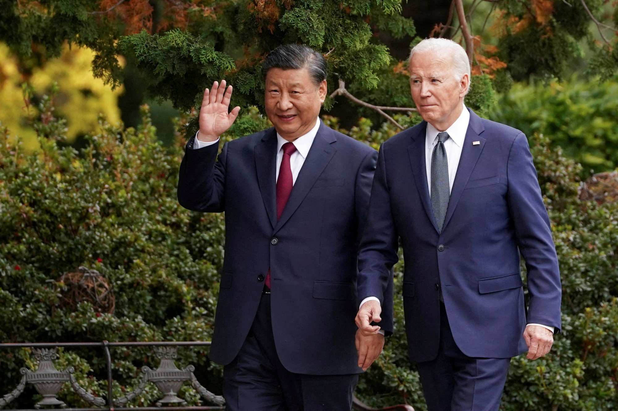 Chinese leader Xi Jinping and US President Joe Biden walk at the Filoli estate in northern California after their meeting on November 15. Photo: Reuters