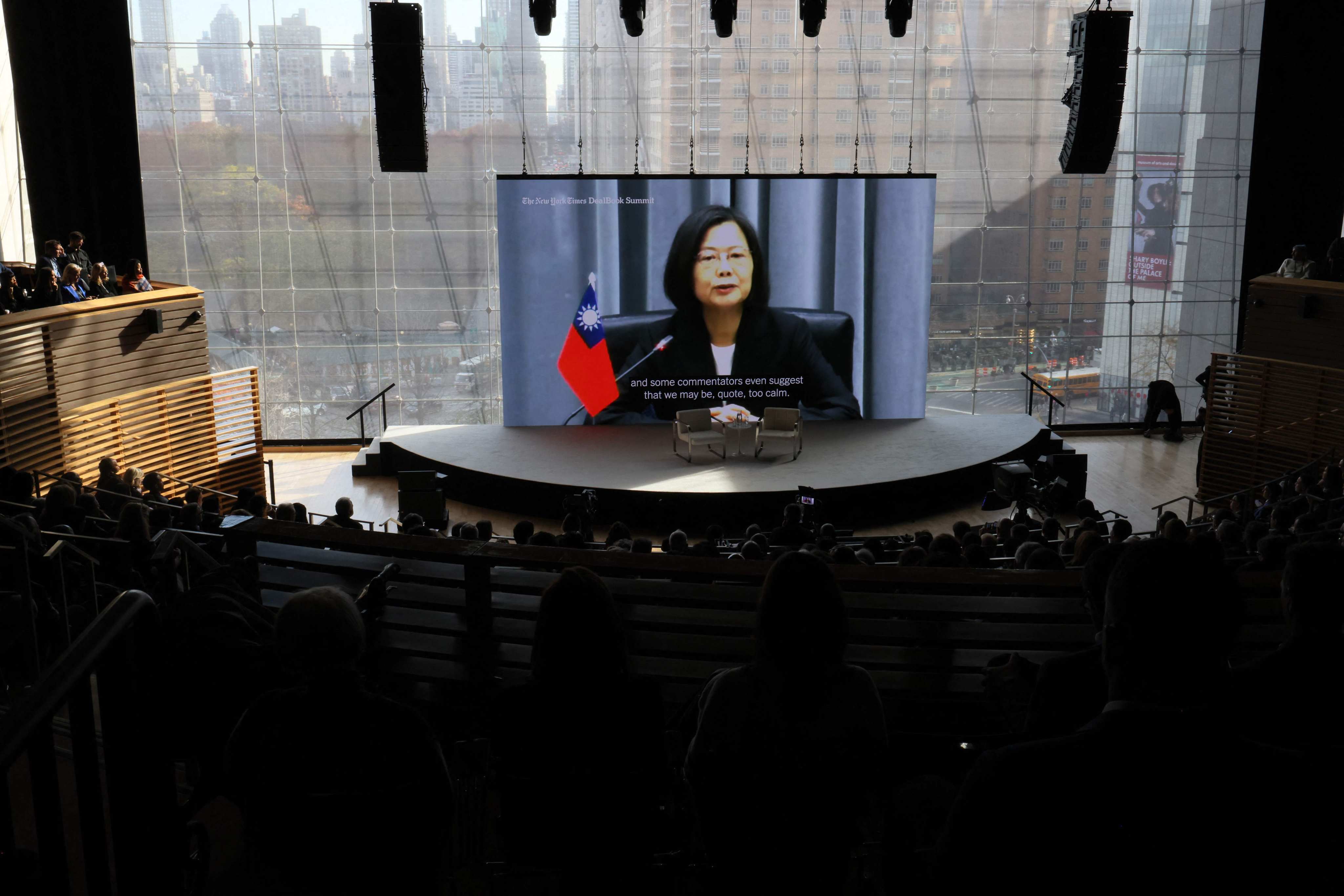 A record interview with Taiwan’s President Tsai Ing-wen is displayed on a screen during the New York Times DealBook summit on Wednesday. Photo: AFP