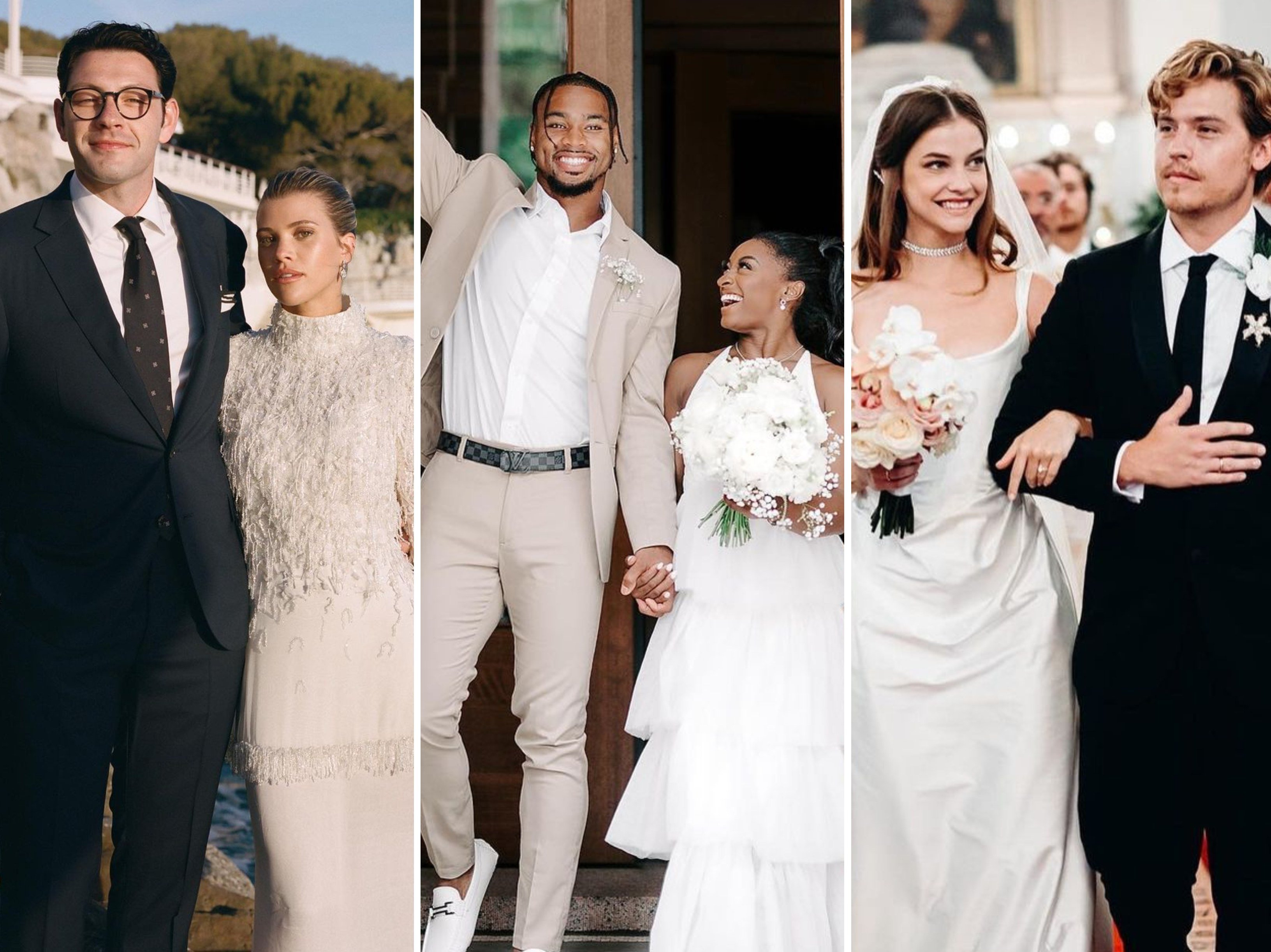 Sofia Richie and Elliot Grainge, Simone Biles and Jonathan Owens, and Dylan Sprouse and Barbara Palvin are just three celebrity couples who tied the knot this year. Photos: @realbarbarapalvin, @simonebiles, @sofiarichiegrainge/Instagram