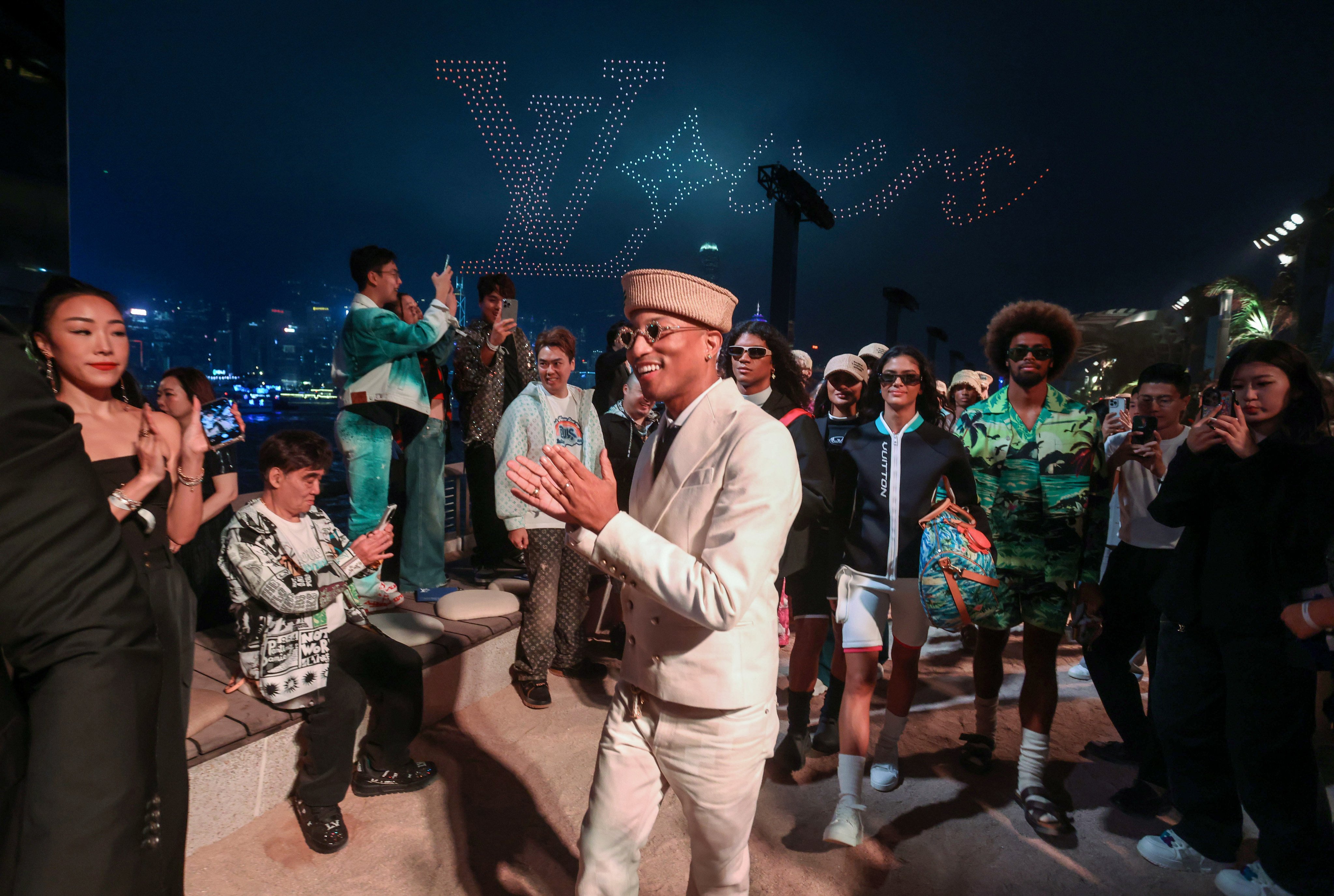 Pharrell Williams takes a bow at the end of the Louis Vuitton men’s pre-fall 2024 show at the Avenue of Stars in Tsim Sha Tsui, Hong Kong. Photo: Jonathan Wong