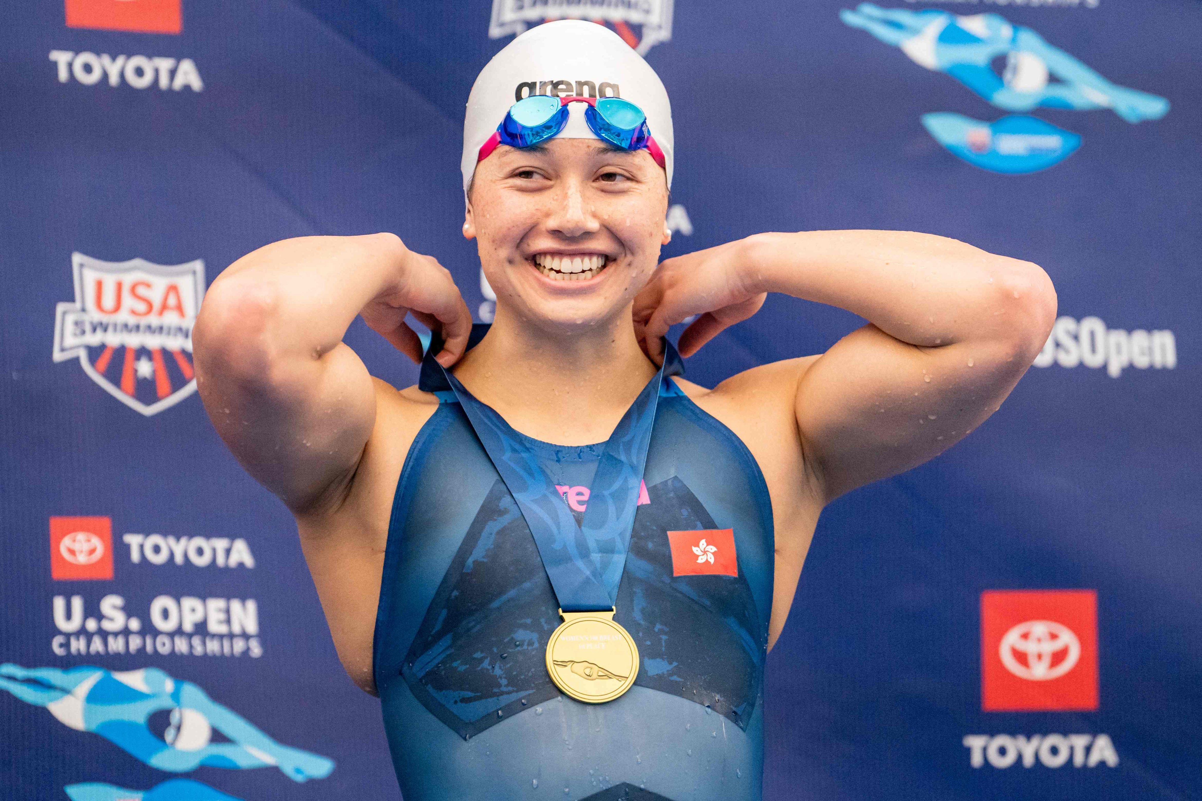 Siobhan Haughey smiles after winning the women’s 100m breaststroke at the Toyota US Open. Photo: Getty Images