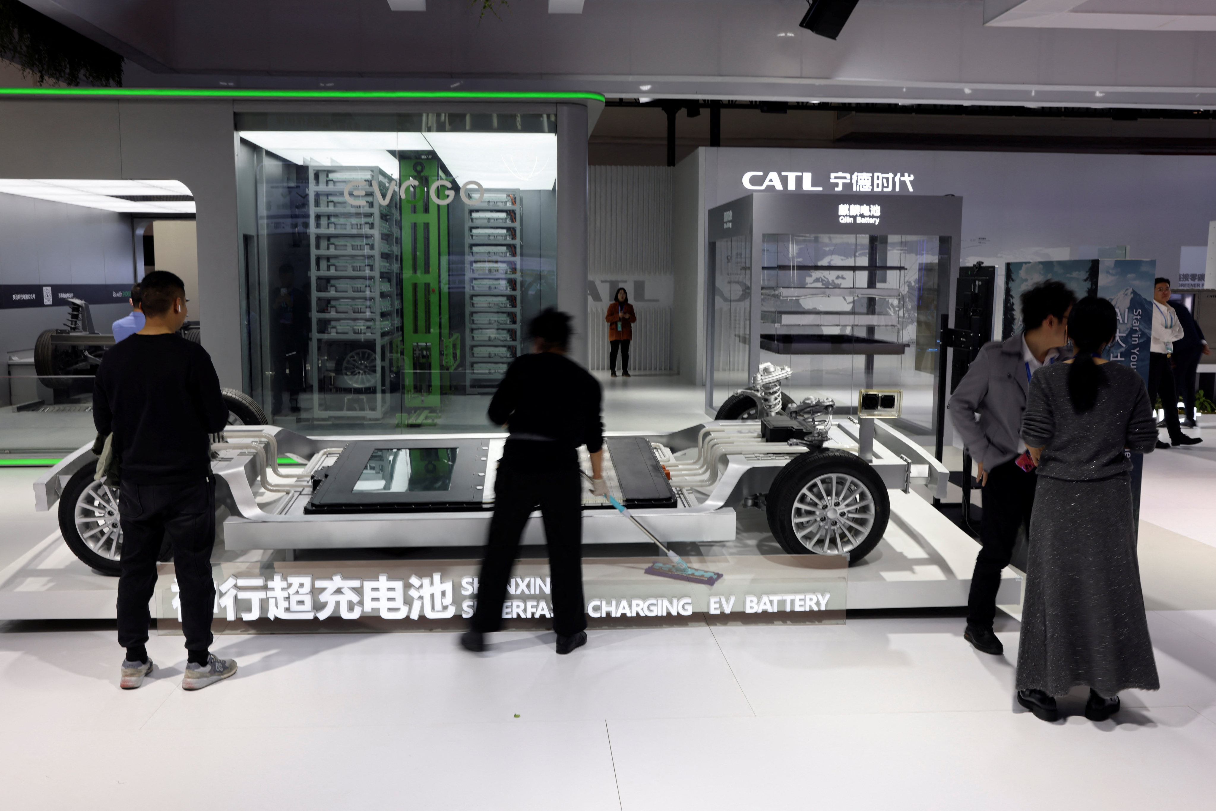 An electric vehicle battery is displayed at the CATL booth during the first China International Supply Chain Expo in Beijing on Tuesday. Photo: Reuters
