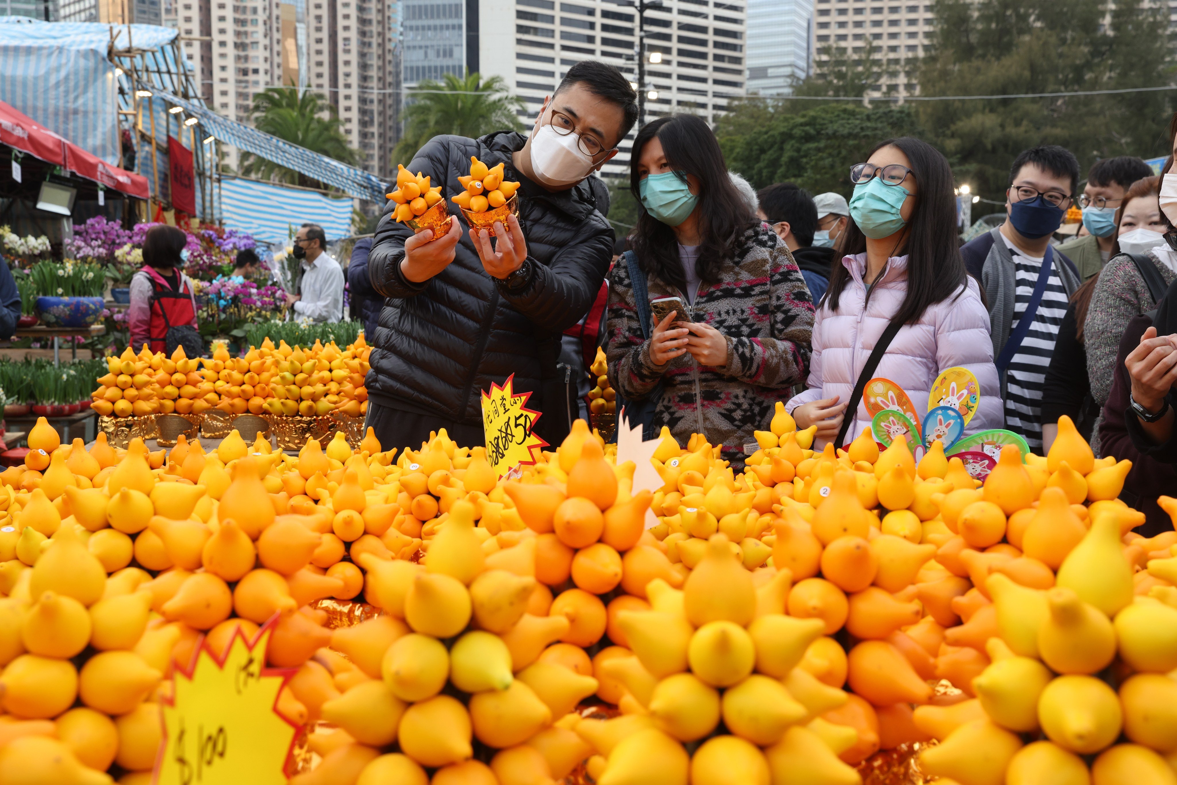 Shoppers browse a selection of fruit at a Lunar New Year fair, at Victoria Park in Causeway Bay, on January 20.  Photo: Yik Yeung-man