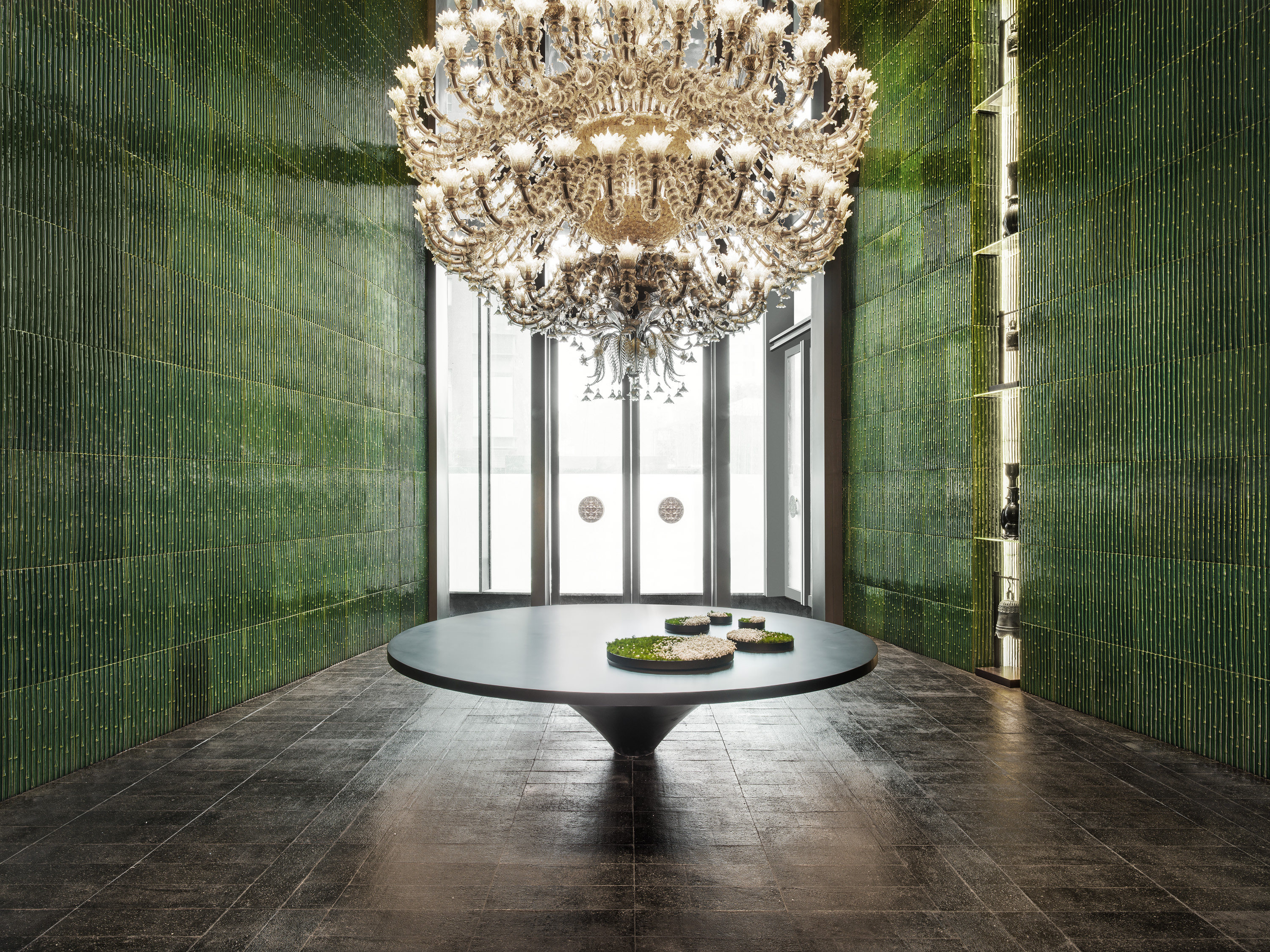 A Murano-glass chandelier greets guests at The Middle House in Shanghai. Photos: Handout