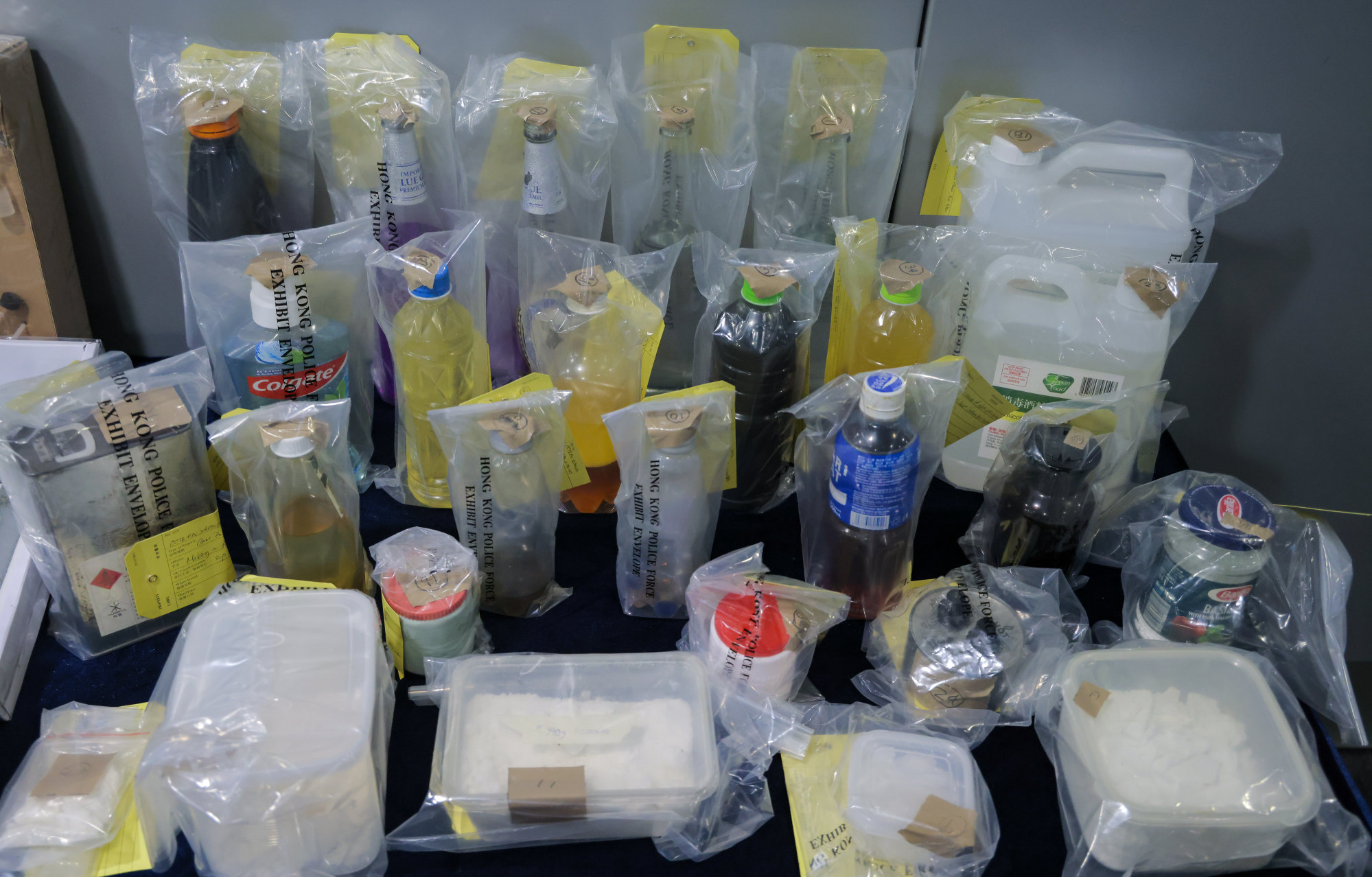 Police show evidence seized during raids, including 30kg of various types of chemicals, electronic scales and laboratory apparatus. Photo: Jelly Tse