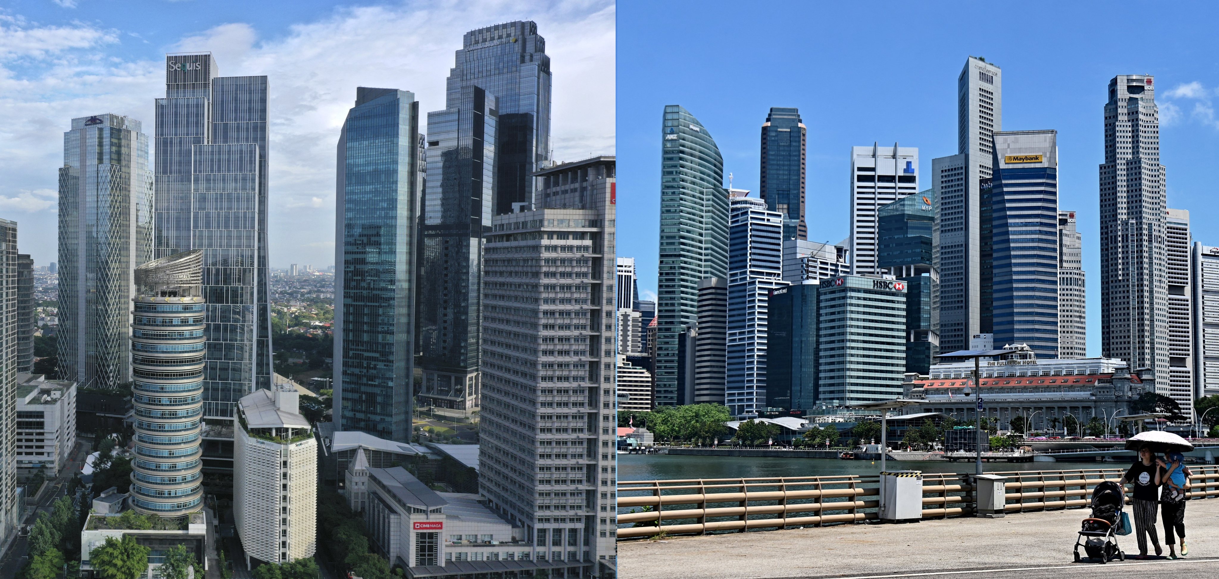 High-rise buildings are seen in Jakarta’s Sudirman central business district (left) and Singapore’s Central Area in this composite image. Photos: AFP