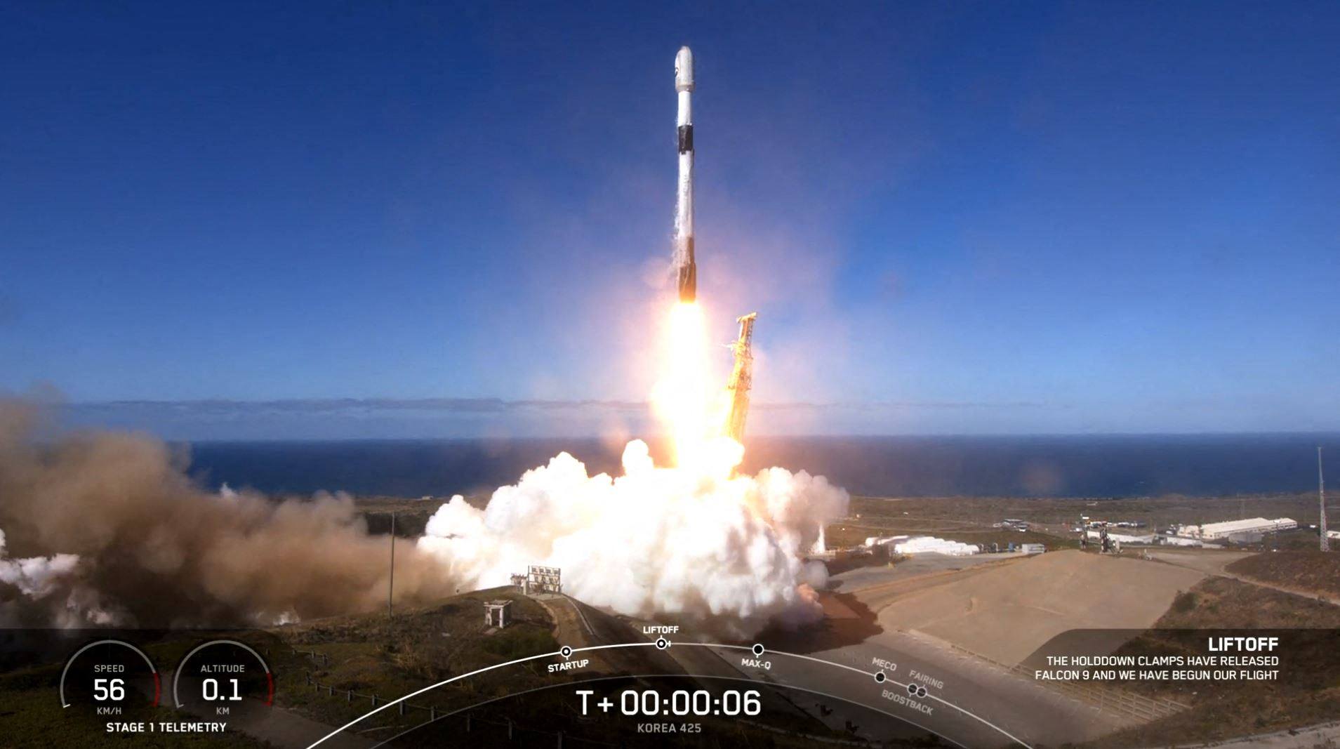 This screen grab taken from a SpaceX video shows the Falcon 9 launch of the Korea 425 Mission at Vandenberg Air Force Base in California on December 1. The SpaceX rocket launched South Korea’s first military spy satellite, intensifying a space race on the peninsula after Pyongyang launched its own first military eye in the sky. Photo: SpaceX / AFP