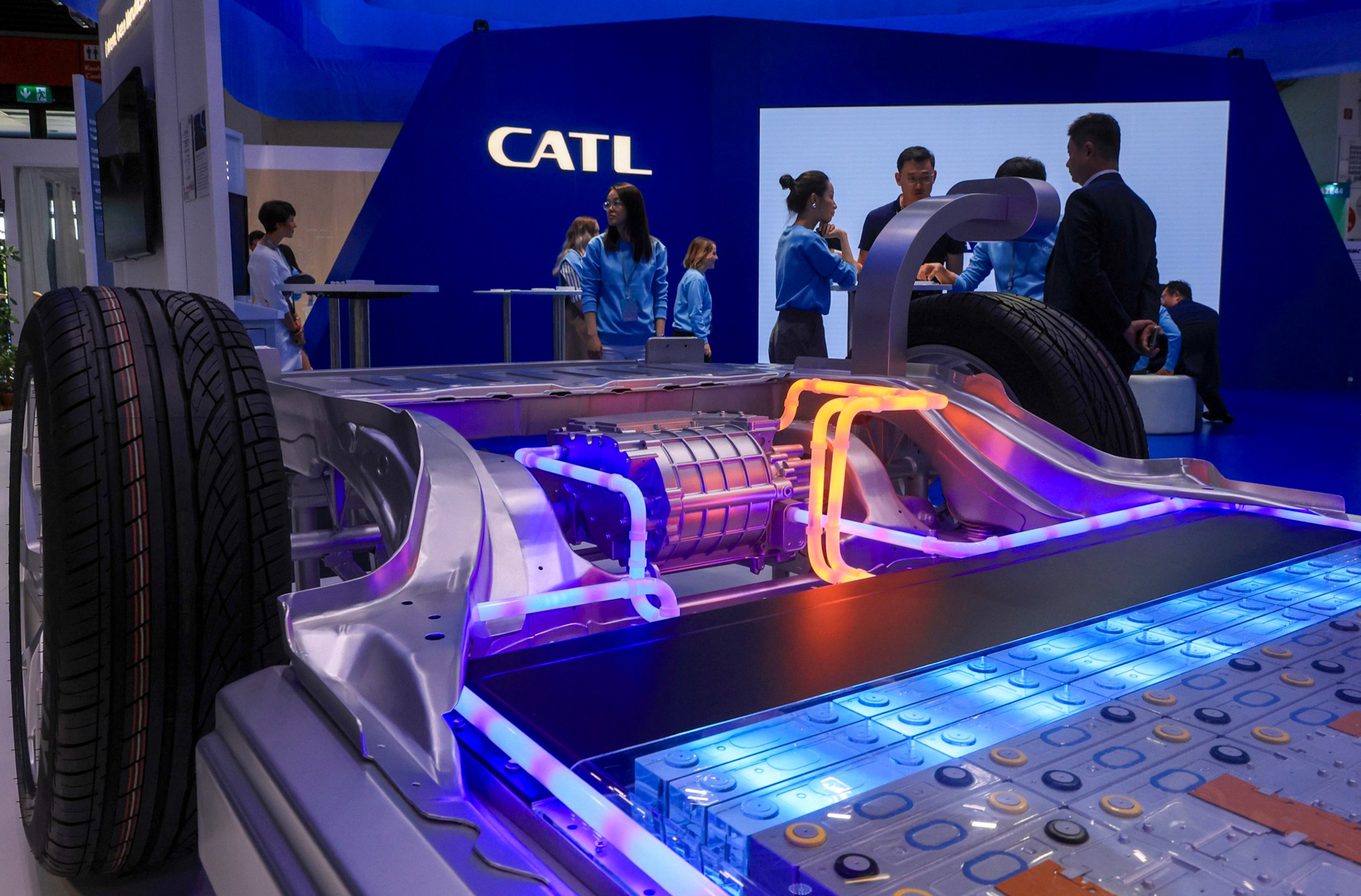 A model of a battery-powered motor at CATL’s booth at the Munich Motor Show earlier this year. The firm’s plan for a Hong Kong centre comes as it diversifies its markets amid increasing geopolitical risks. Photo: Bloomberg