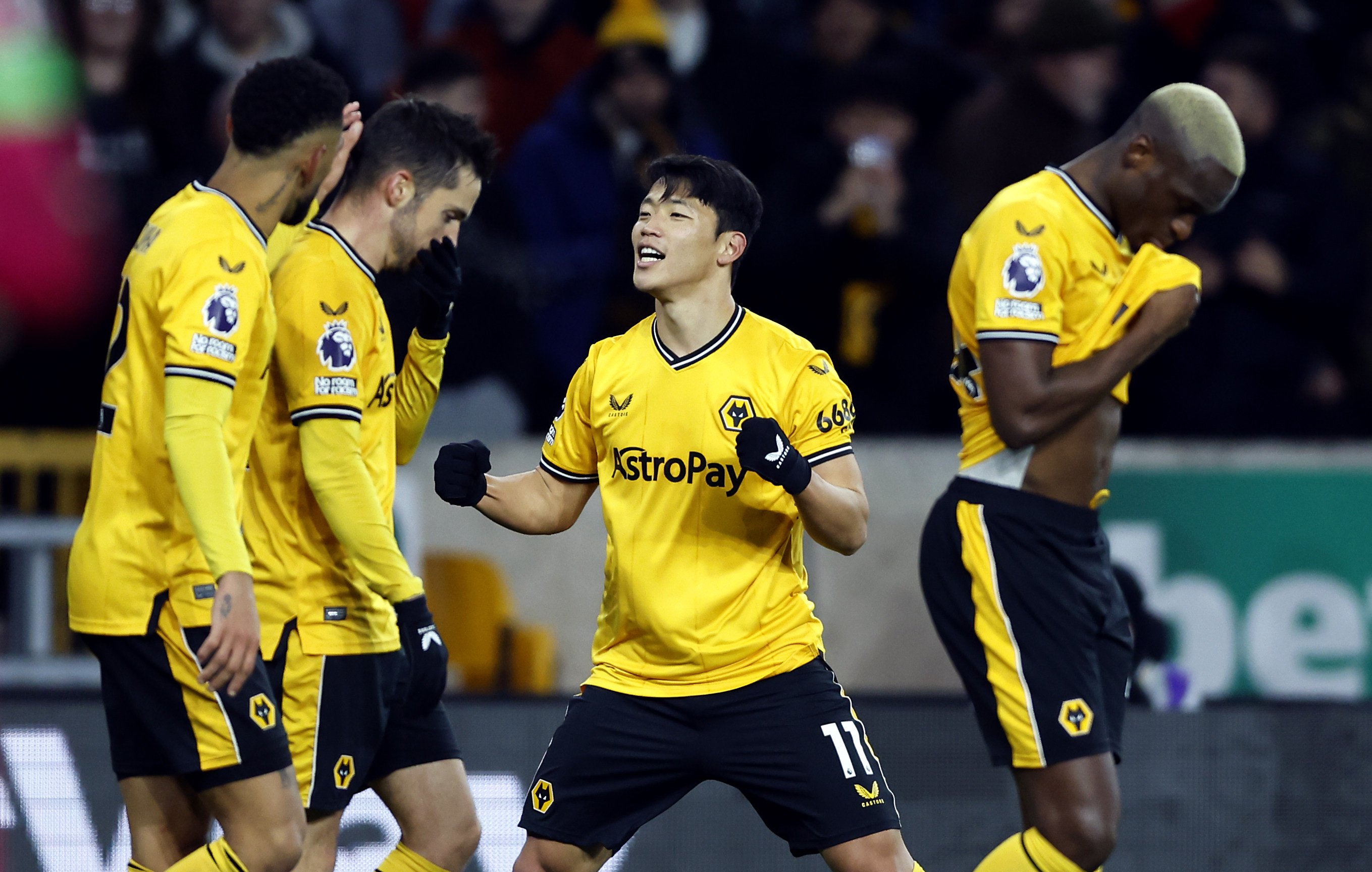 Hwang Hee-Chan celebrates scoring for Wolves at home to Burnley. Photo: dpa