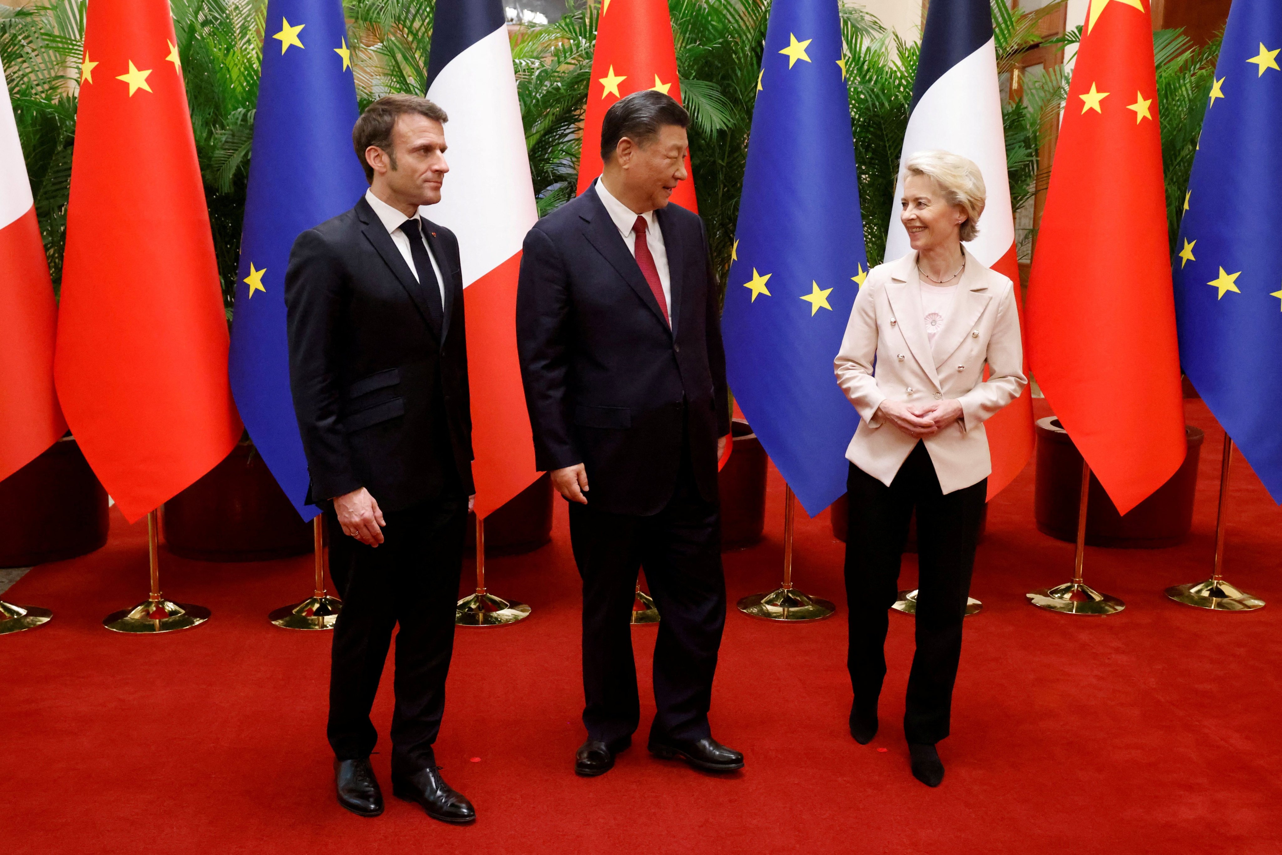 Chinese President Xi Jinping, French President Emmanuel Macron and European Commission president Ursula von de Leyen meet for a working session in Beijing on April 6. European division on China was evident during Macron and der Leyen’s recent visit. Photo: Reuters