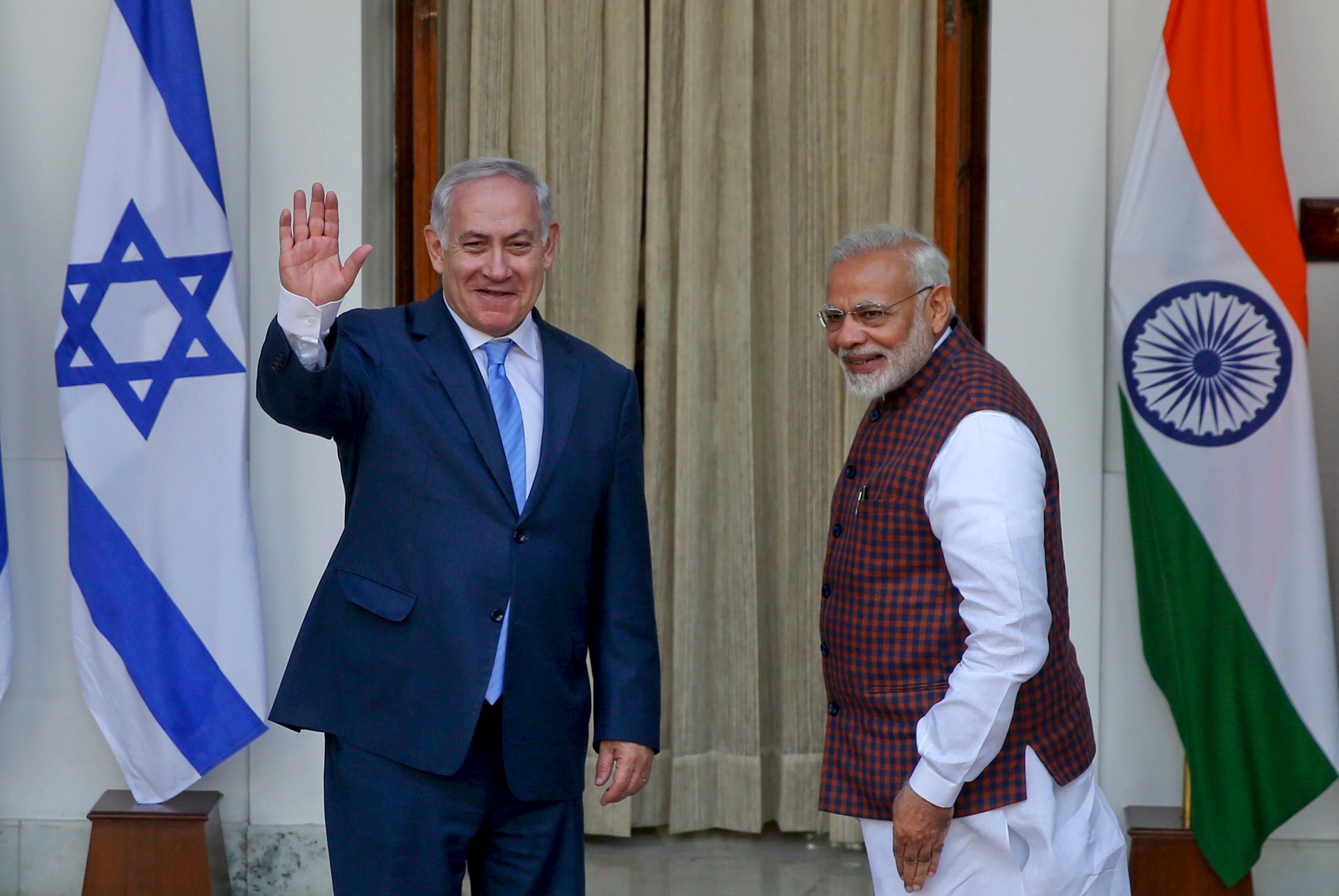 India’s Prime Minister Narendra Modi and Israeli PM Benjamin Netanyahu arrive for a meeting in New Delhi, on January 15, 2018. Photo: AP