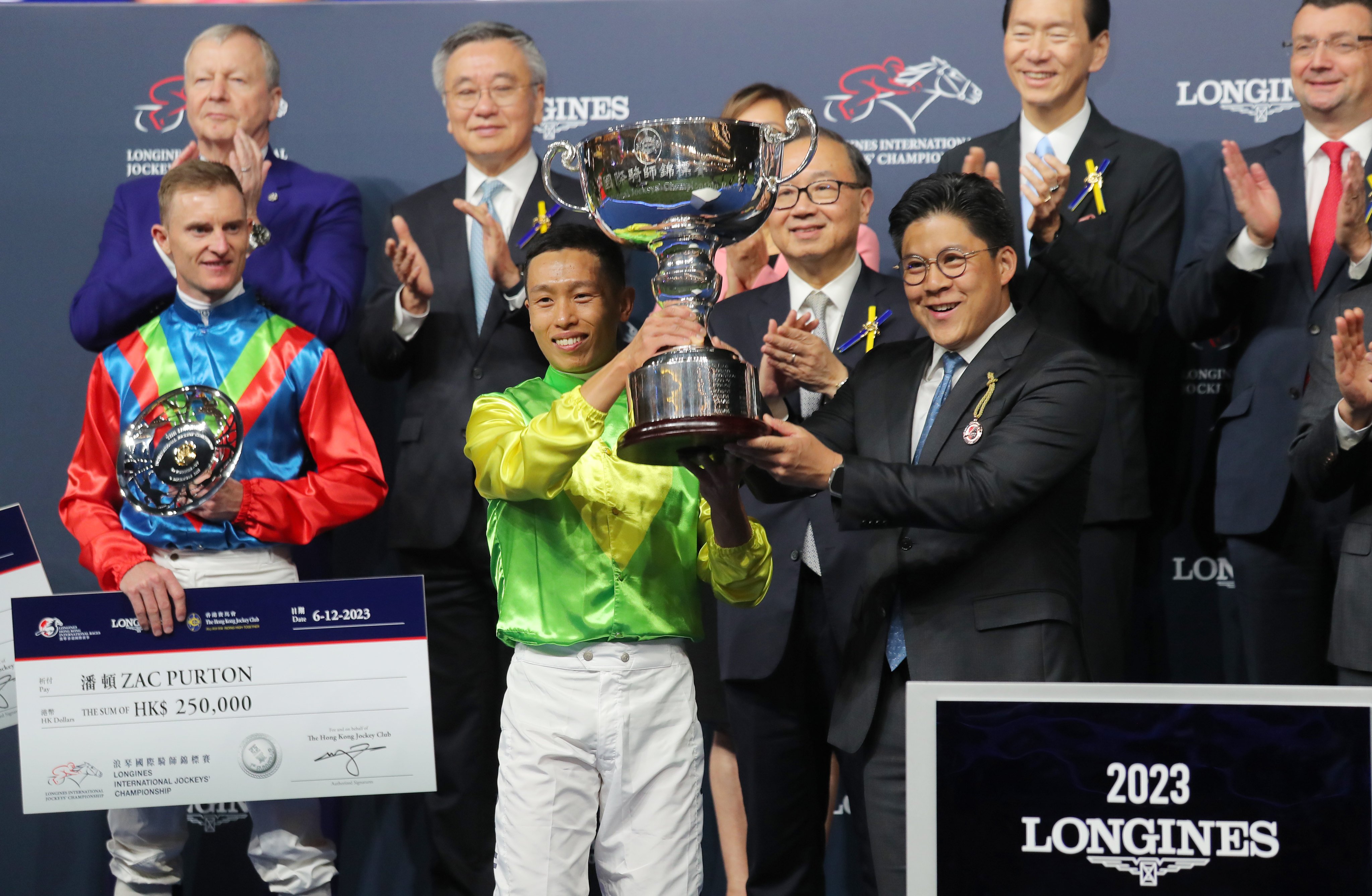 Vincent Ho celebrates his victory in the Longines International Jockeys’ Championship at Happy Valley on Wednesday night. Photos: Kenneth Chan