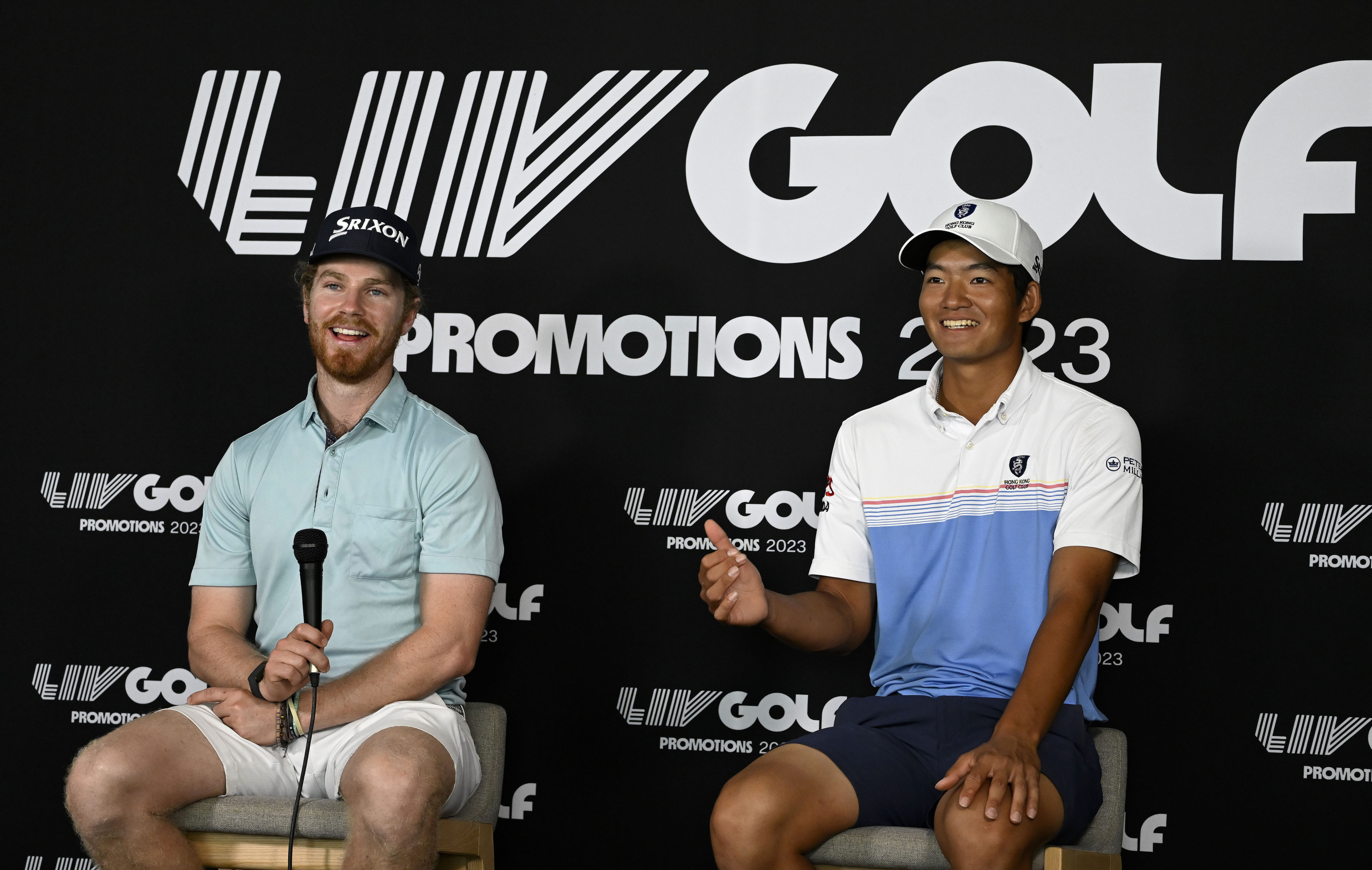 Kieran Vincent of Zimbabwe and Hong Kong’s Taichi Kho answer questions at a press conference ahead of the LIV Golf Promotions event at the Abu Dhabi Golf Club. Photo: Asian Tour.