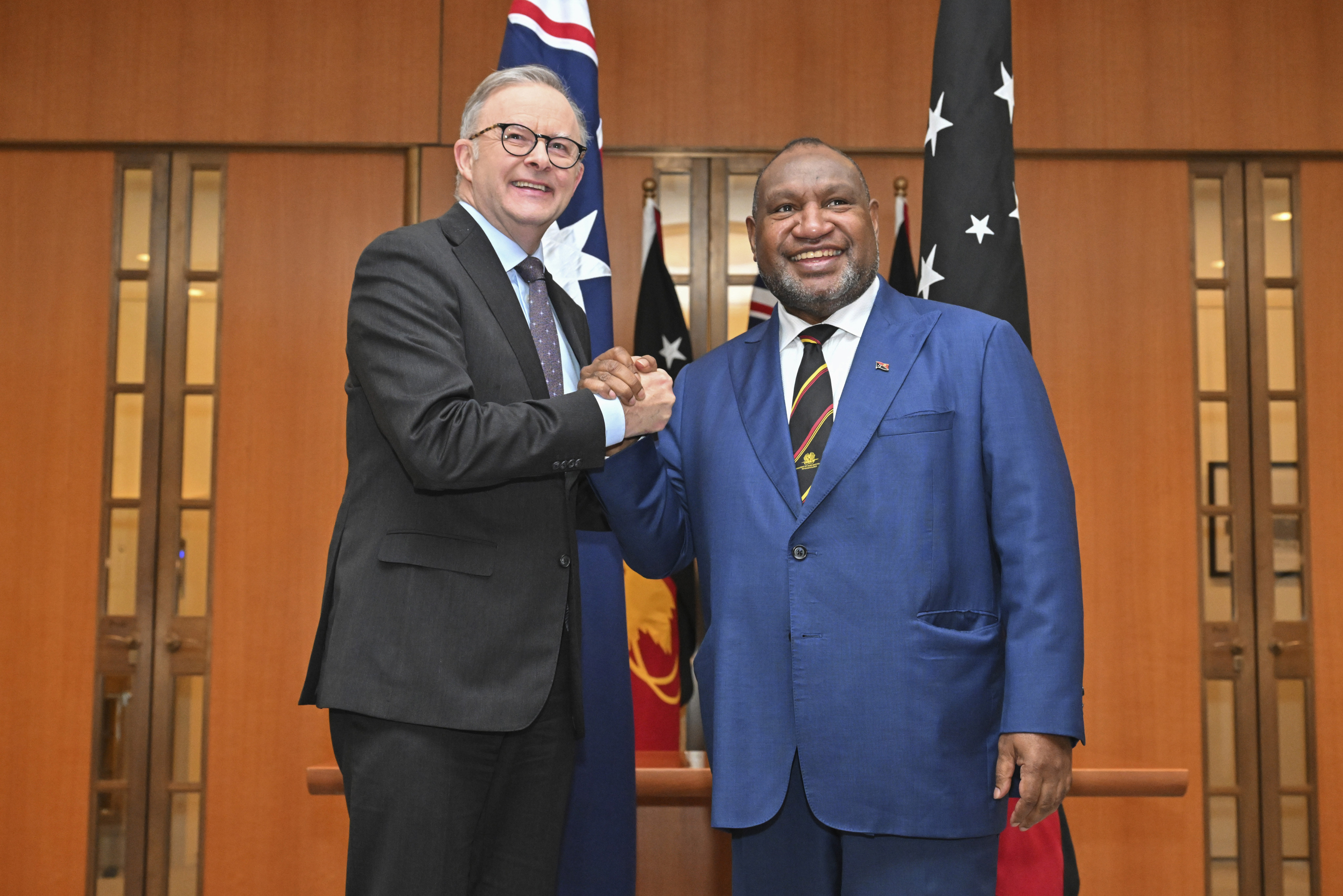 Australia’s PM Anthony Albanese (left) meets with Papua New Guinea’s PM James Marape in Canberra on Thursday. Both countries signed a security pact that strengthens Australia’s place as the preferred security partner in the Pacific. Photo: AP