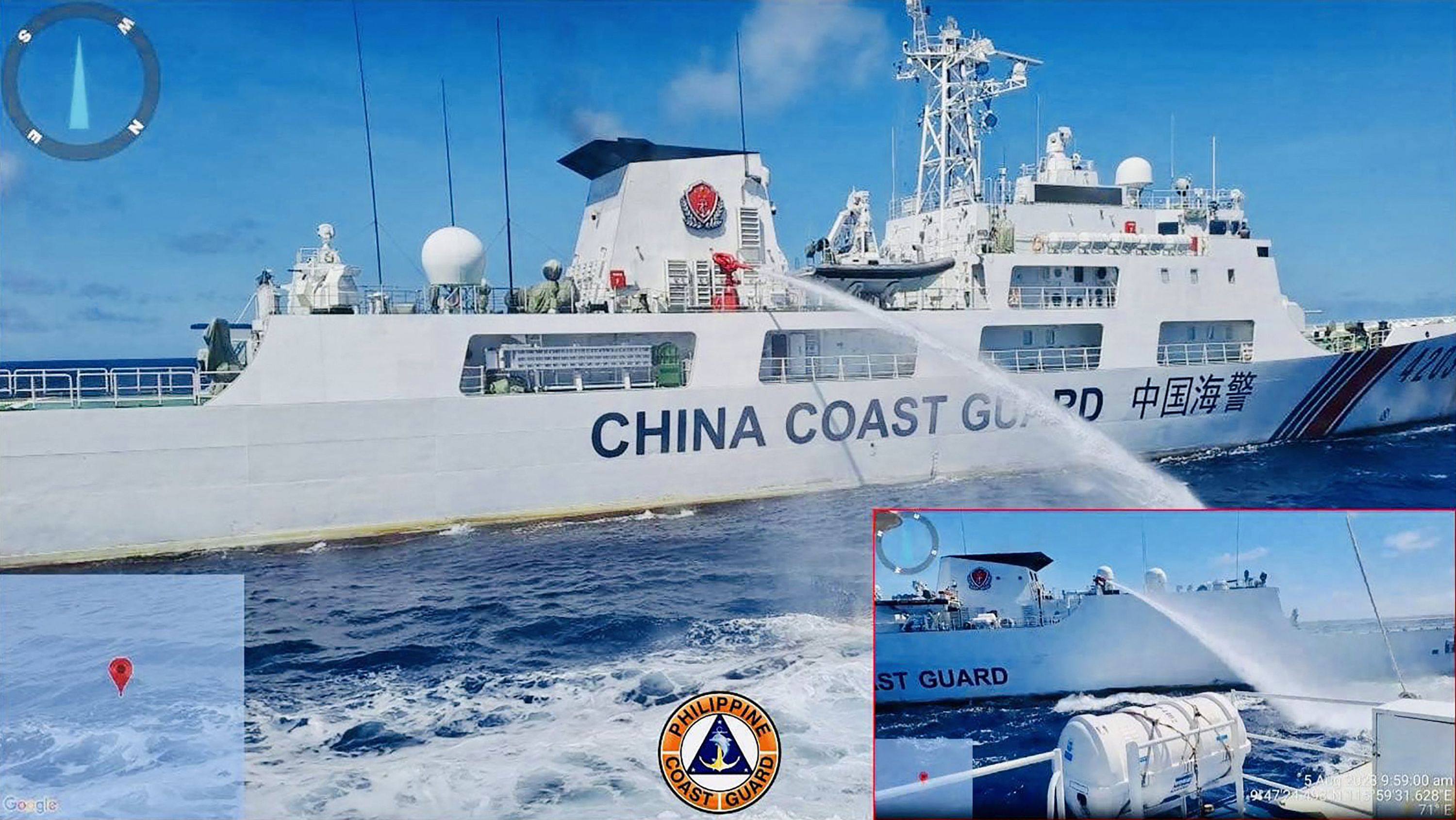 A composite image released by the Philippine Coast Guard shows a Chinese coastguard ship using water cannon on a Philippine vessel near Second Thomas Shoal during a re-supply mission in August. Photo: Philippine Coast Guard / Handout via AFP