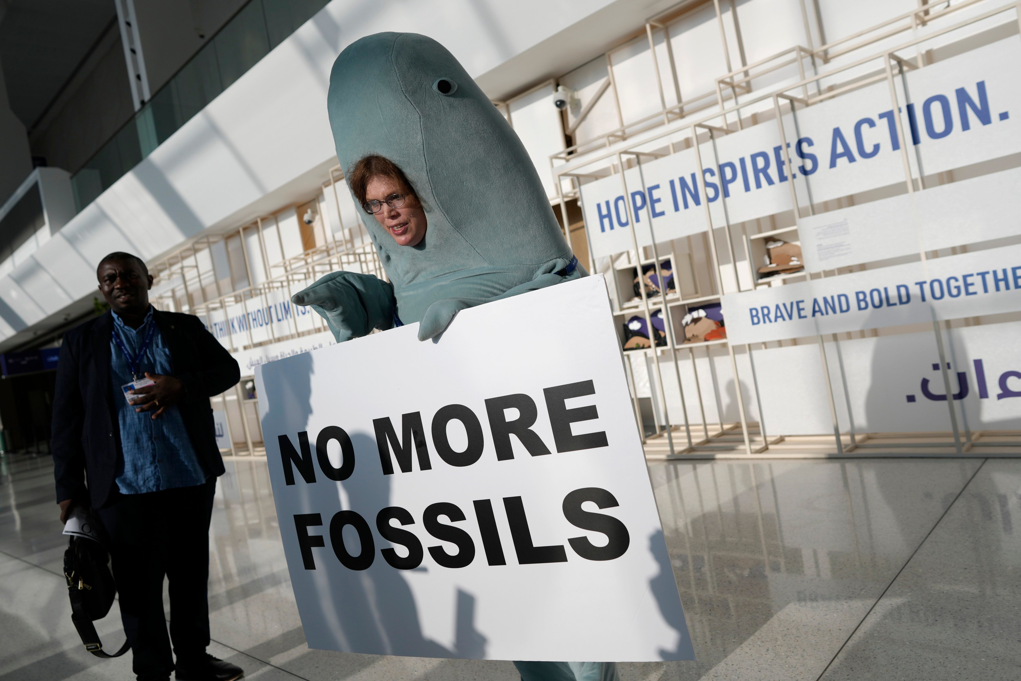 An anti-fossil fuel activist dressed as a dugong at Cop28 in Dubai on December 3. Most people agree that coal and oil-fired electric power plants will need to be phased down or phased out, but who is going to pay for that is less clear. Photo; AP