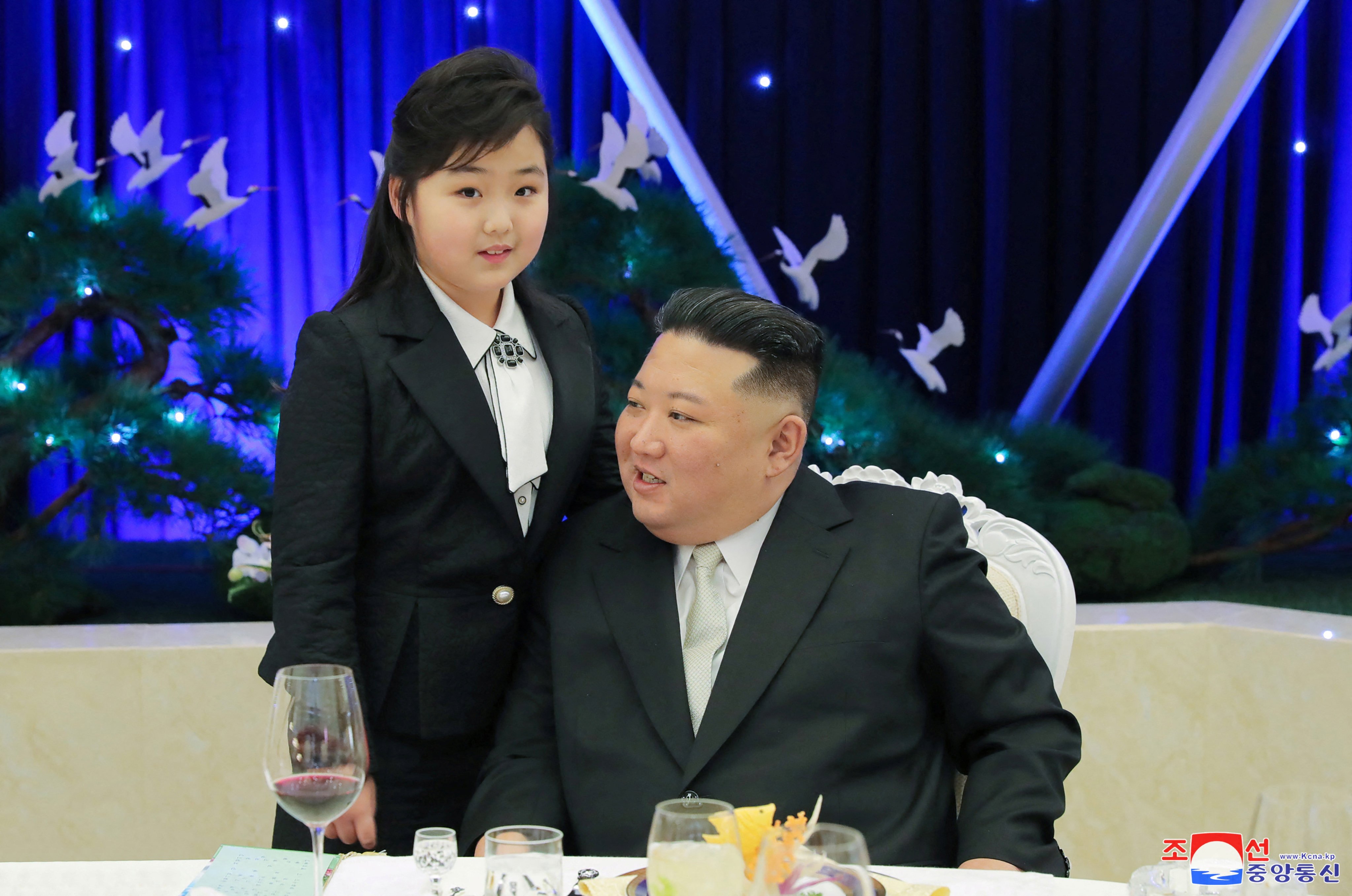 North Korean leader Kim Jong-un with his daughter Kim Ju-ae at a banquet to celebrate the 75th anniversary of the Korean People’s Army, in Pyongyang, North Korea in this photo released on February 8. Photo: KCNA via Reuters