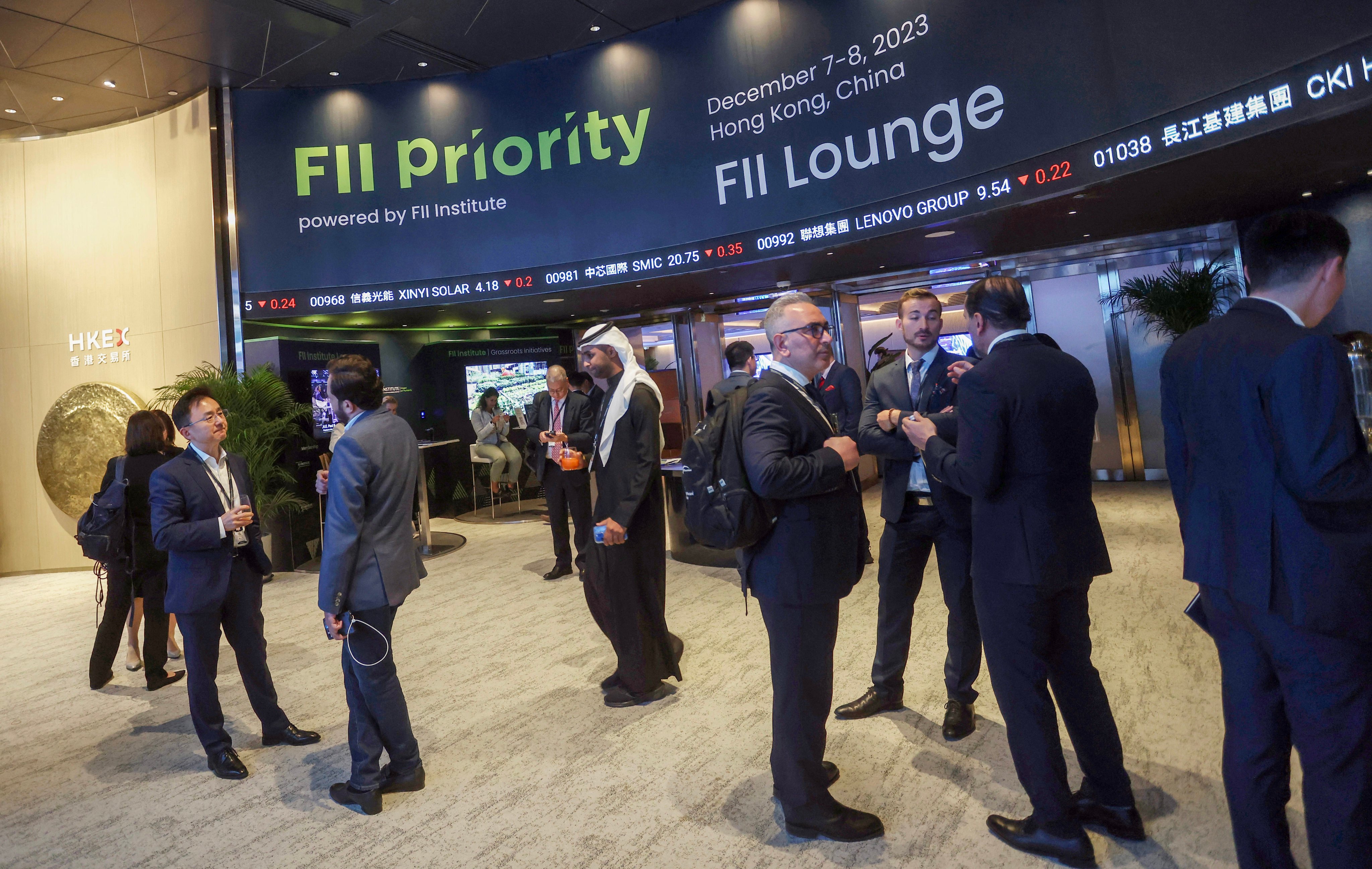 Attendees converse at FII Priority at Hong Kong Exchanges and Clearing in Central on December 7, 2023. Photo: Jonathan Wong