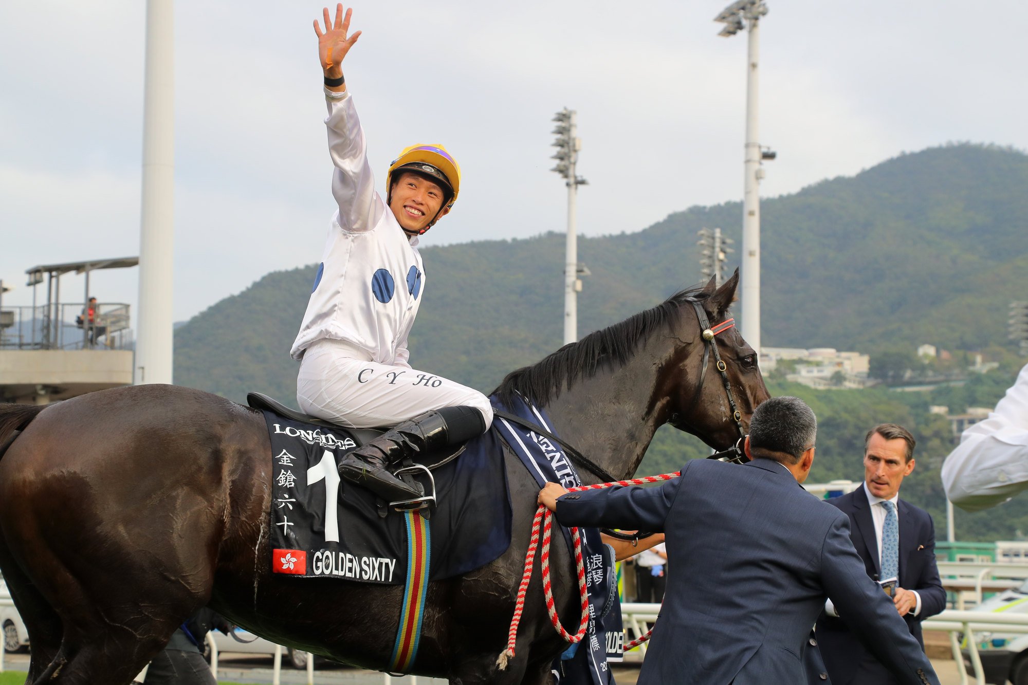 Vincent Ho celebrates Golden Sixty’s Group One Longines Hong Kong Mile win.