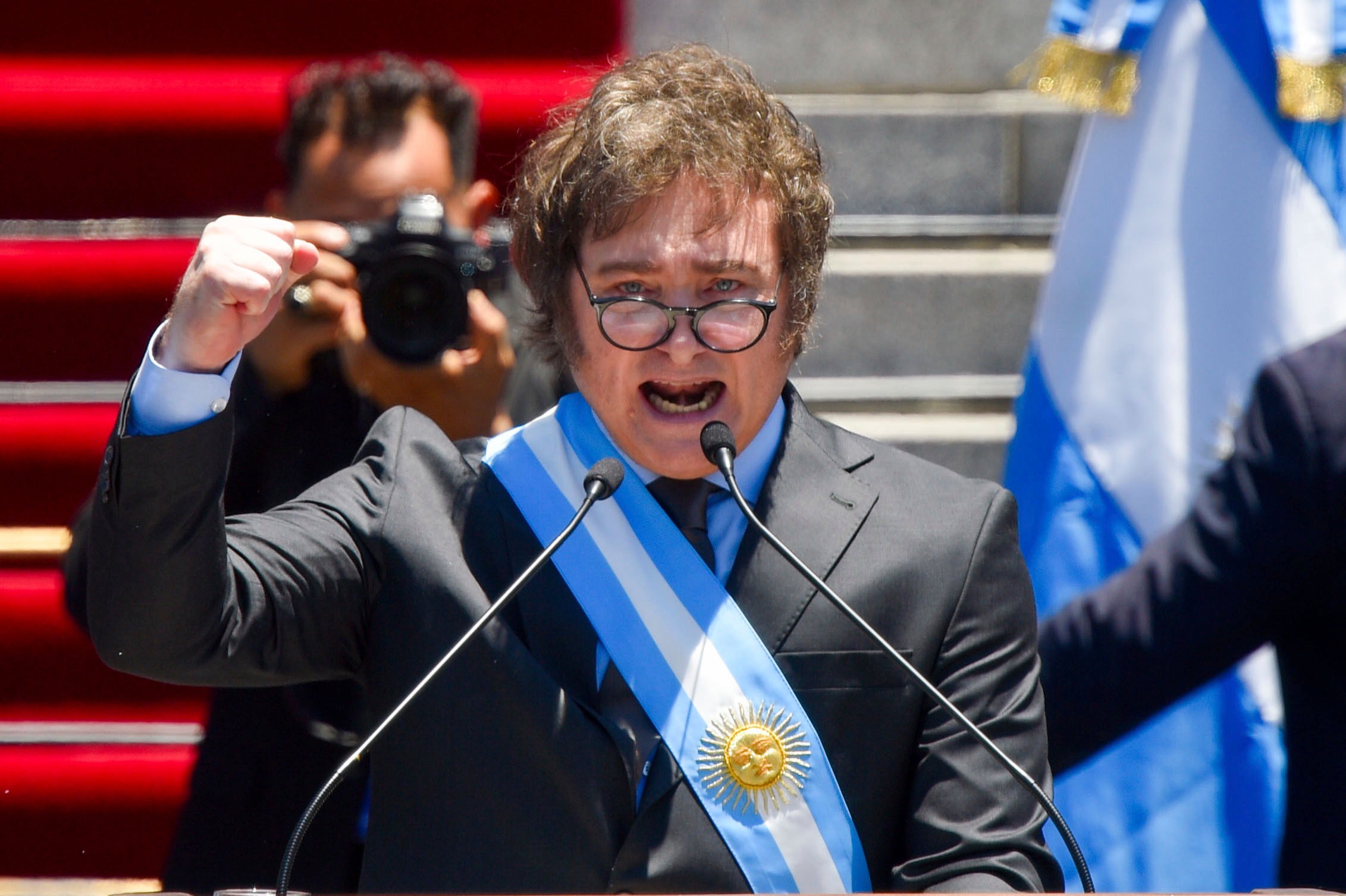 Argentina’s newly sworn-in President Javier Milei speaks outside the Congress in Buenos Aires, Argentina. Photo: AP