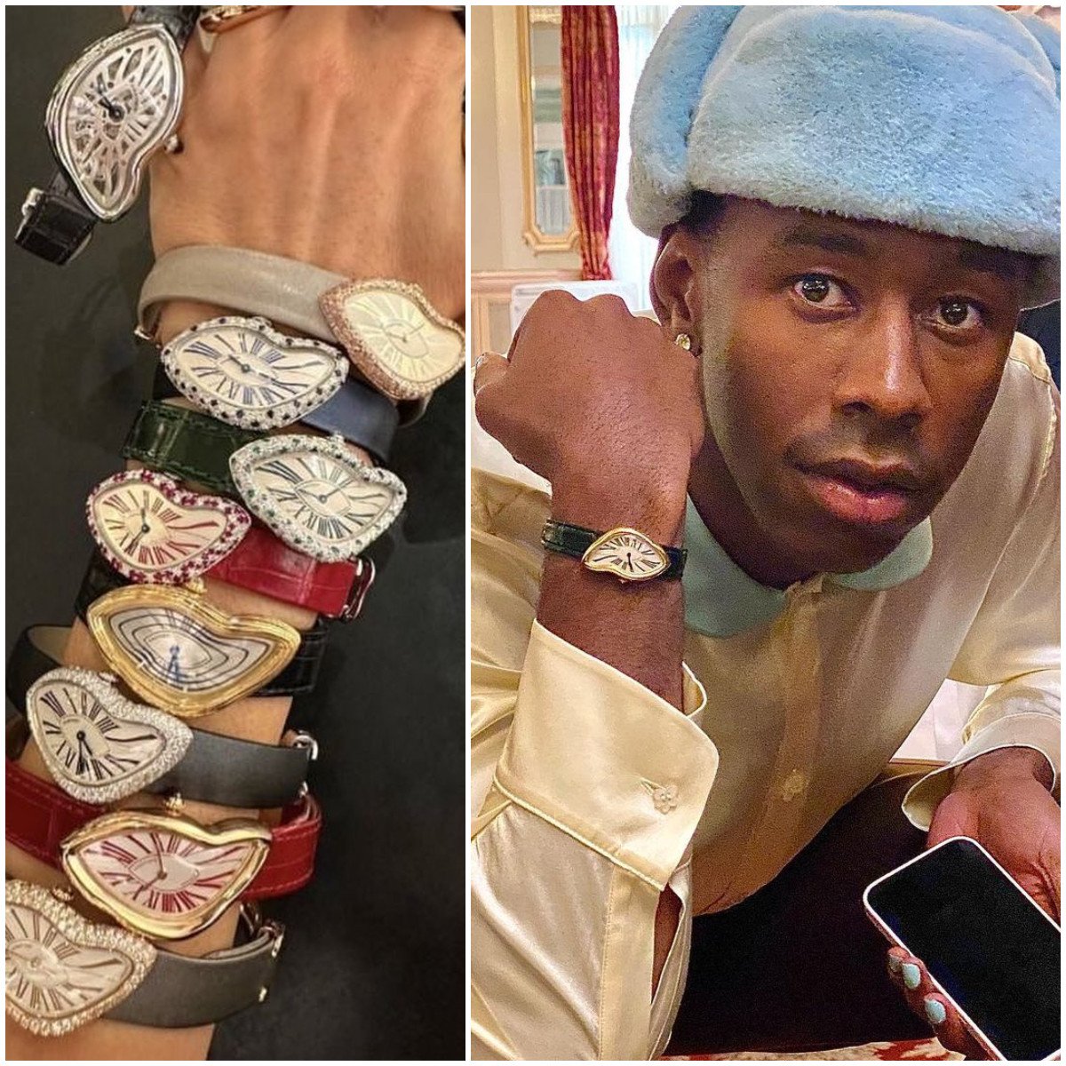 The Cartier Crash watch has been spotted on the wrist of celebrities like Tyler, the Creator. Photos: @tanisova/Instagram, @goldberger/Instagram