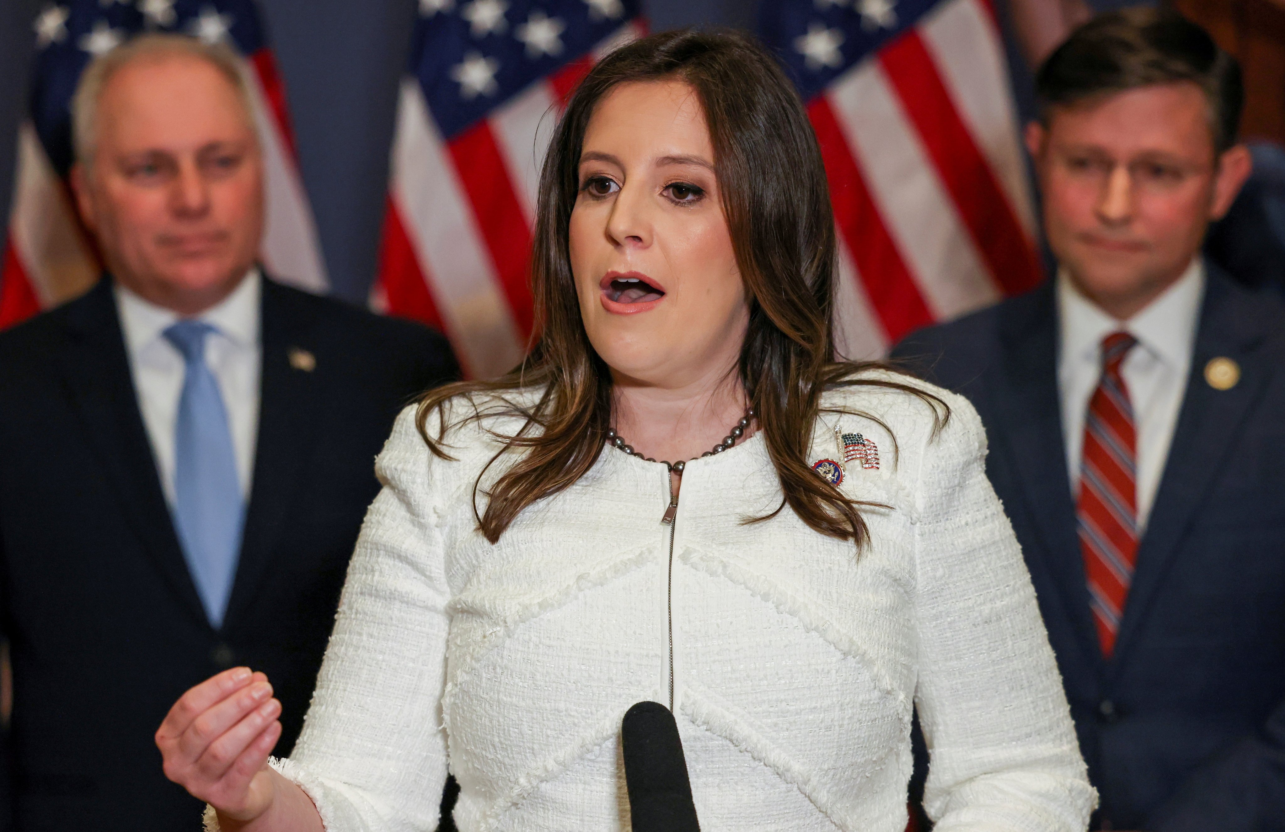 US Representative Elise Stefanik speaks to the media after the Republican caucus meeting, in Washington on May 14, 2021. Photo: Reuters
