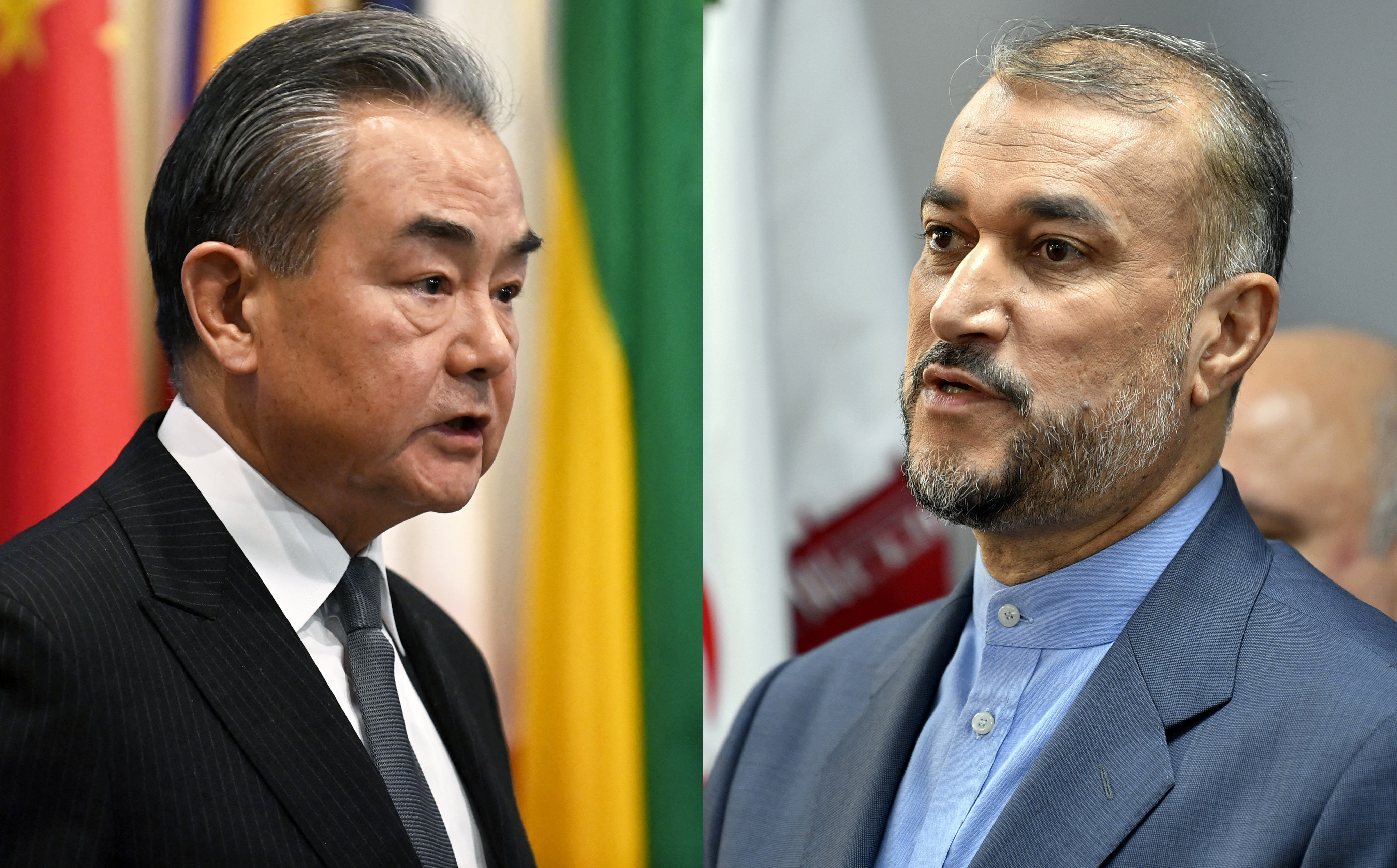 Chinese Foreign Minister Wang Yi (seen left, in November 2023) spoke with Iranian Foreign Minister Hossein Amir Abdollahian (right, October 2023) in a phone call on Monday December 11, 2023, amid fears that the Israel-Gaza war could spill out into a second front on the Lebanon border. Photos: AFP/EPA-EFE, SCMP composite