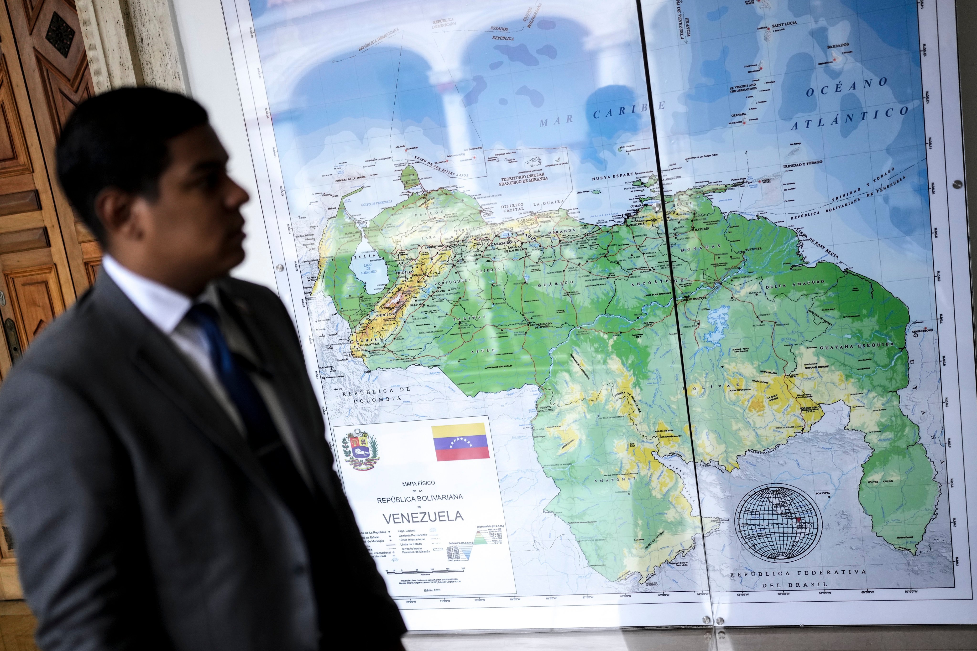 Venezuela’s new map that includes the Essequibo territory as its own is displayed at the Foreign Ministry in Caracas, Venezuela. Photo: AP