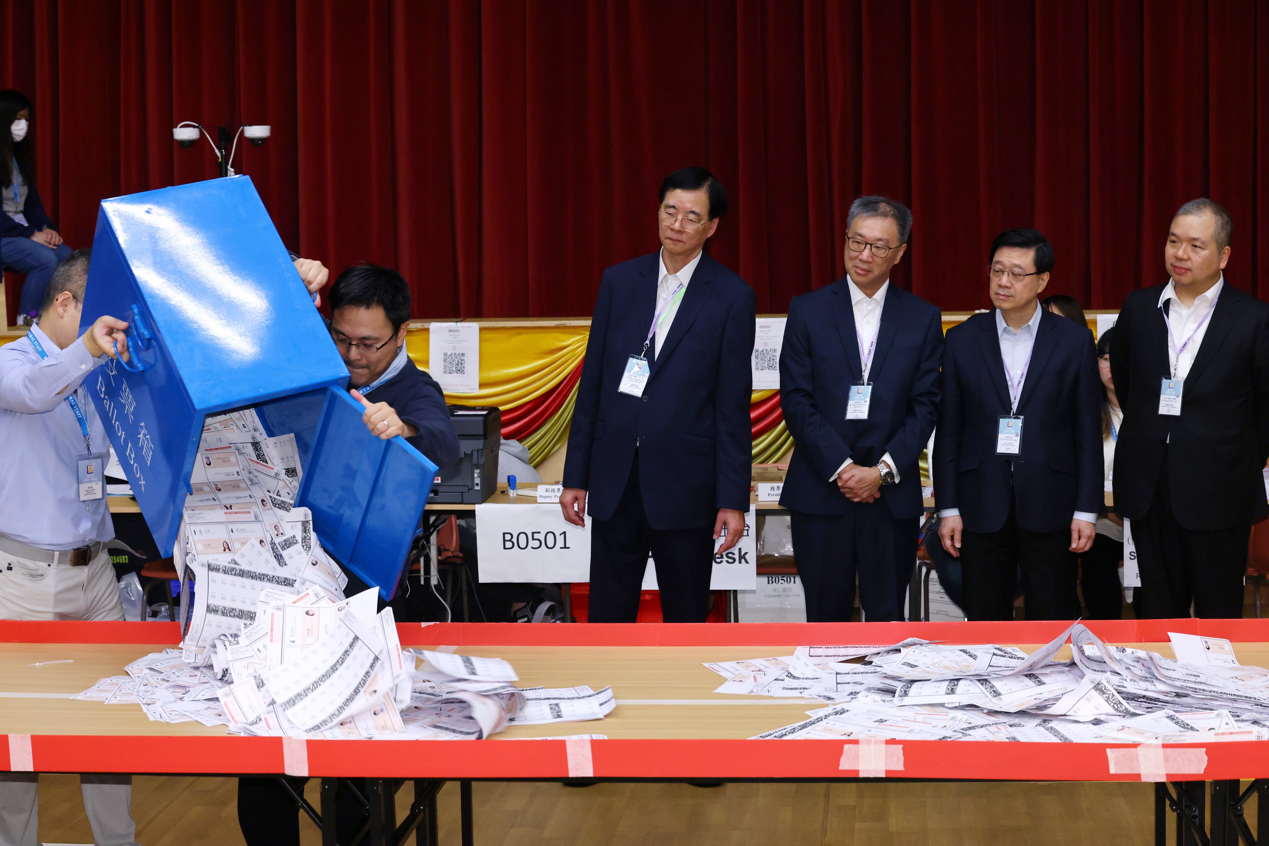 Ballot boxes are emptied as the vote count begins after Sunday’s election. Photo: Dickson Lee