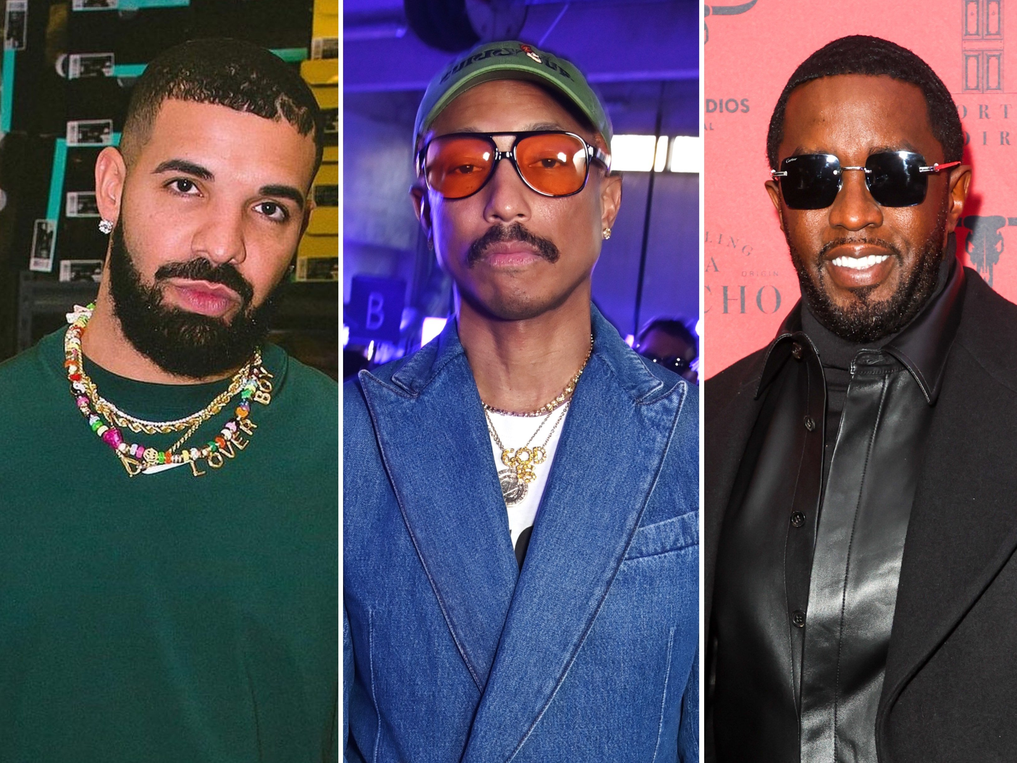 Drake, Pharrell Williams and Diddy are some of the richest hip-hop artists in 2023. Photos: @drakeofficlal/Instagram, Getty Images
