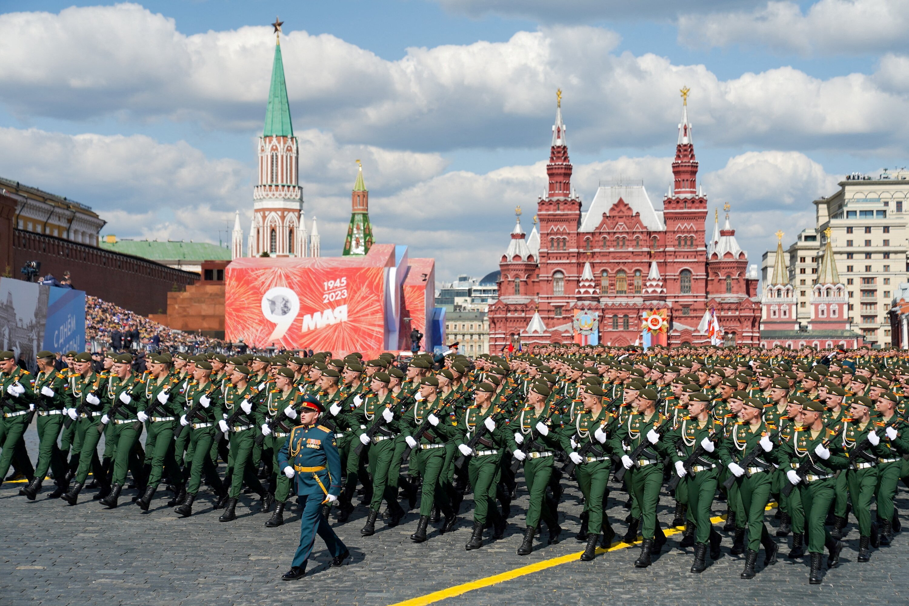 Russian service members take part in a military parade in Moscow’s Red Square in May. Photo: Moscow News Agency via Reuters