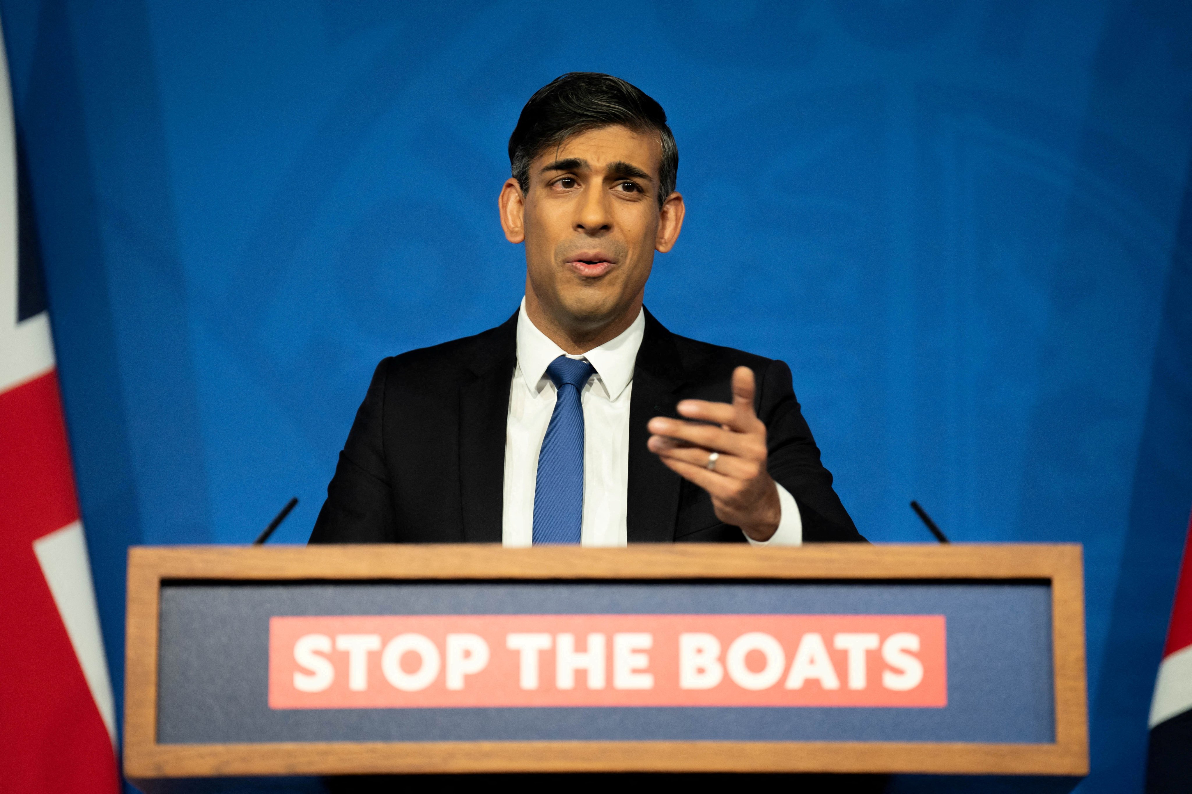 UK Prime Minister Rishi Sunak speaks during a press conference at Downing Street on Thursday. Photo: Reuters
