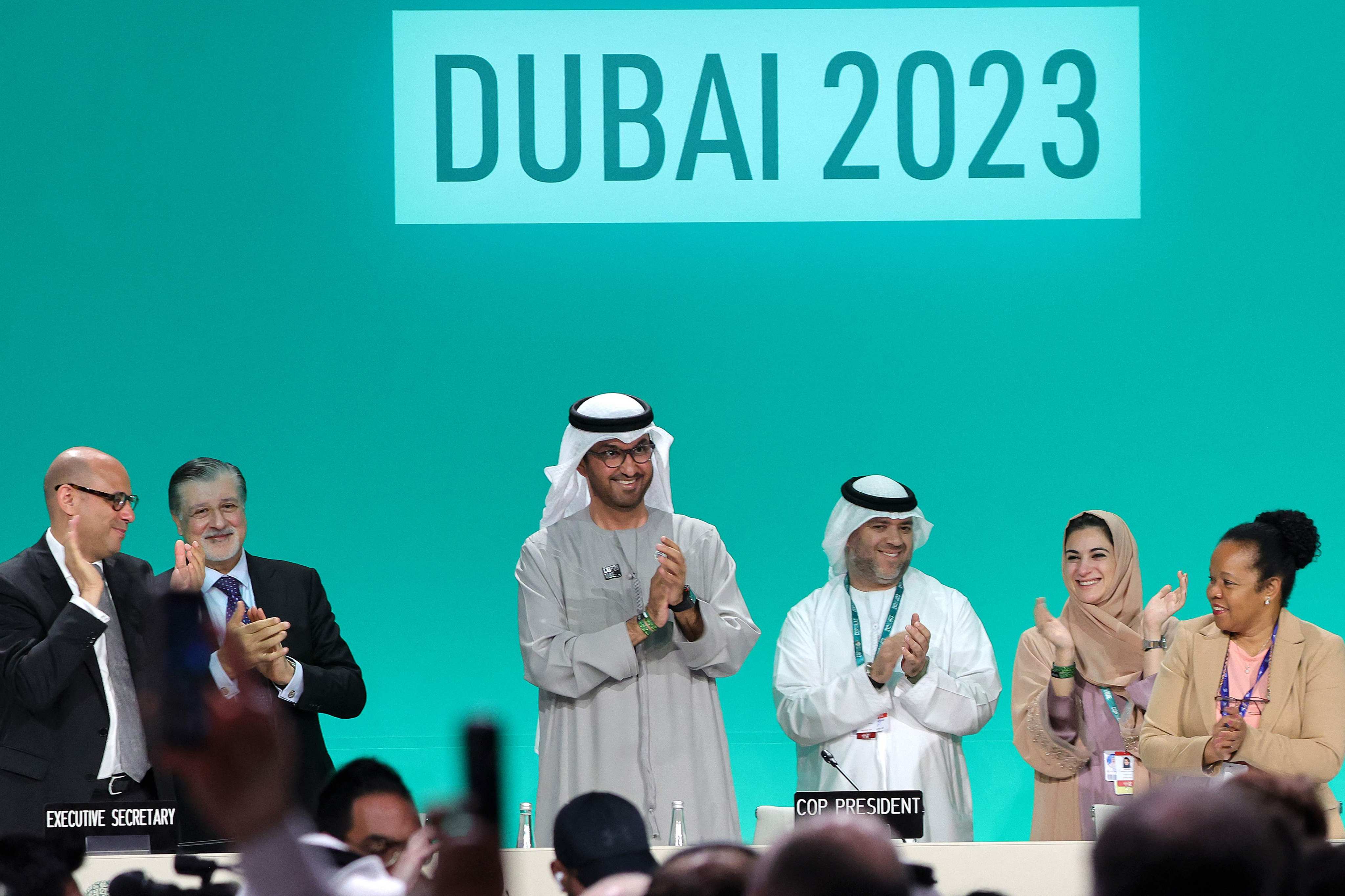 The deal is a diplomatic win for the UAE and Cop28 president Sultan Al Jaber, pictured with other officials. Photo: AFP