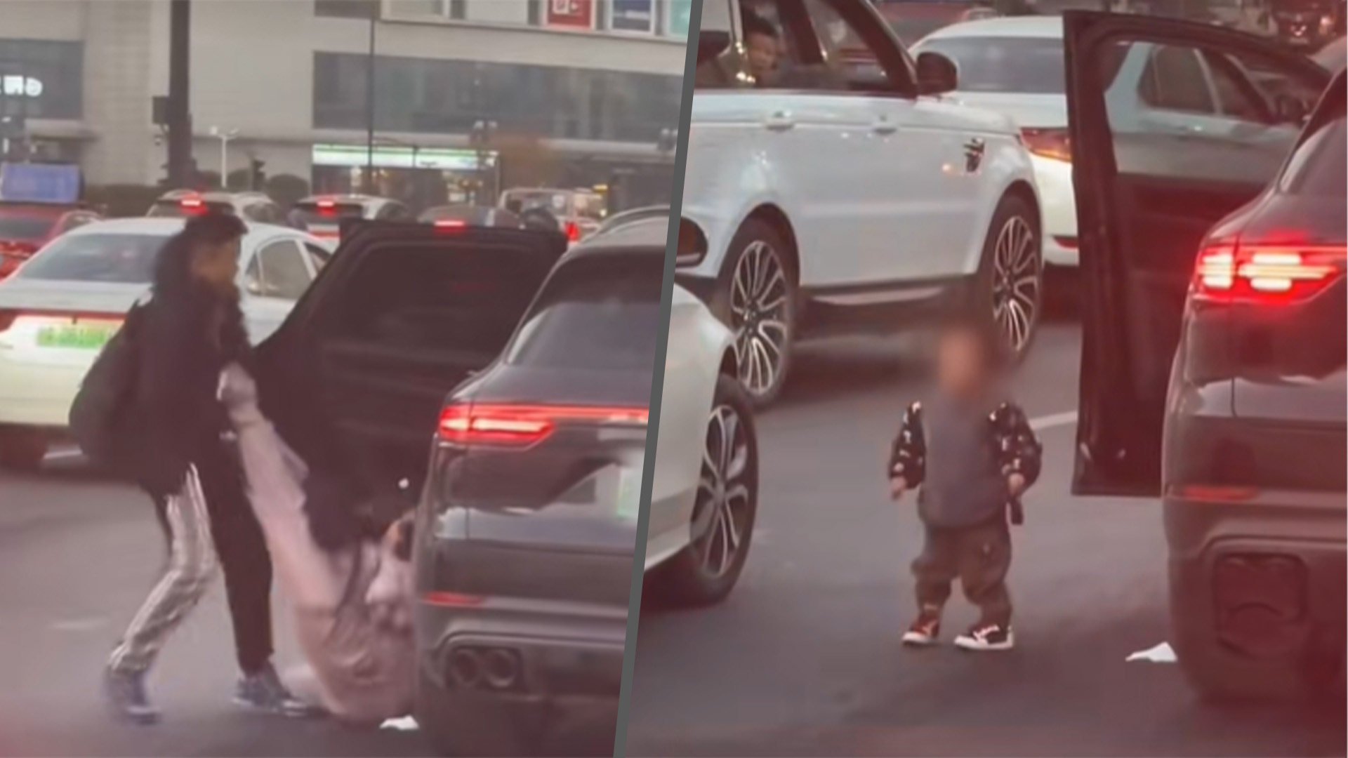 During an argument, a man in China forcefully pulled his wife who was holding their toddler son out of his car, unaware that his actions had left the boy unattended on a busy road. Photo: SCMP composite/Douyin