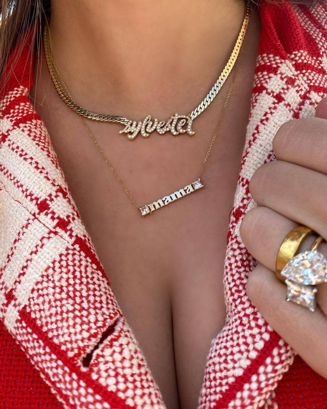 Model Emily Ratajkowski wears a necklace spelling out her son’s name – as well as a “mama” necklace. Whether they feature a thumbprint, hieroglyphs or Morse code, super-personalised pieces make jewellery even more meaningful to the wearer. Photos: Handouts