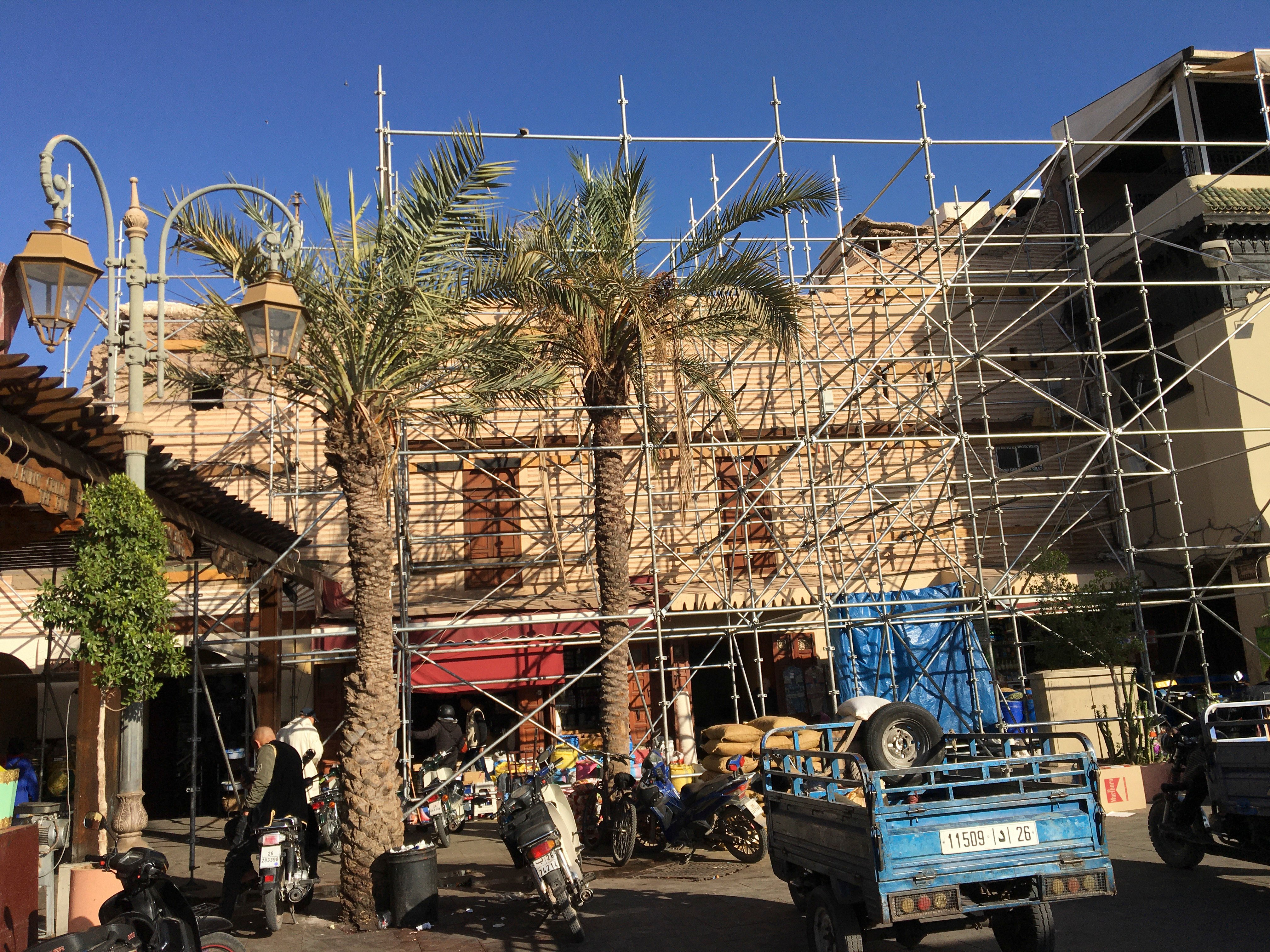 Repair work under way in Marrakech’s old Jewish quarter following the September 2023 earthquake.  Photo: John Brunton