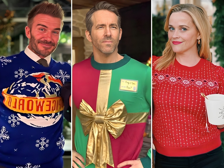 David Beckham, Ryan Reynolds and Reese Witherspoon have all donned “ugly” Christmas sweaters over the years. Photos: @davidbeckham, @vancityreynolds, @reesewitherspoon/Instagram