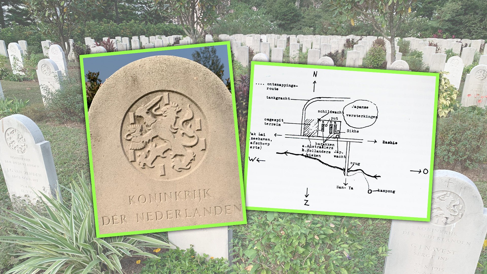 The tombstone belongs to Job van Belzen who survived a Tokyo POW camp but died in a plane crash during his repatriation. The sketch shows a POW camp. Photo: SCMP composite/Justin Ho/AJ von Metzsch, Bericht uit Hainan (1994)