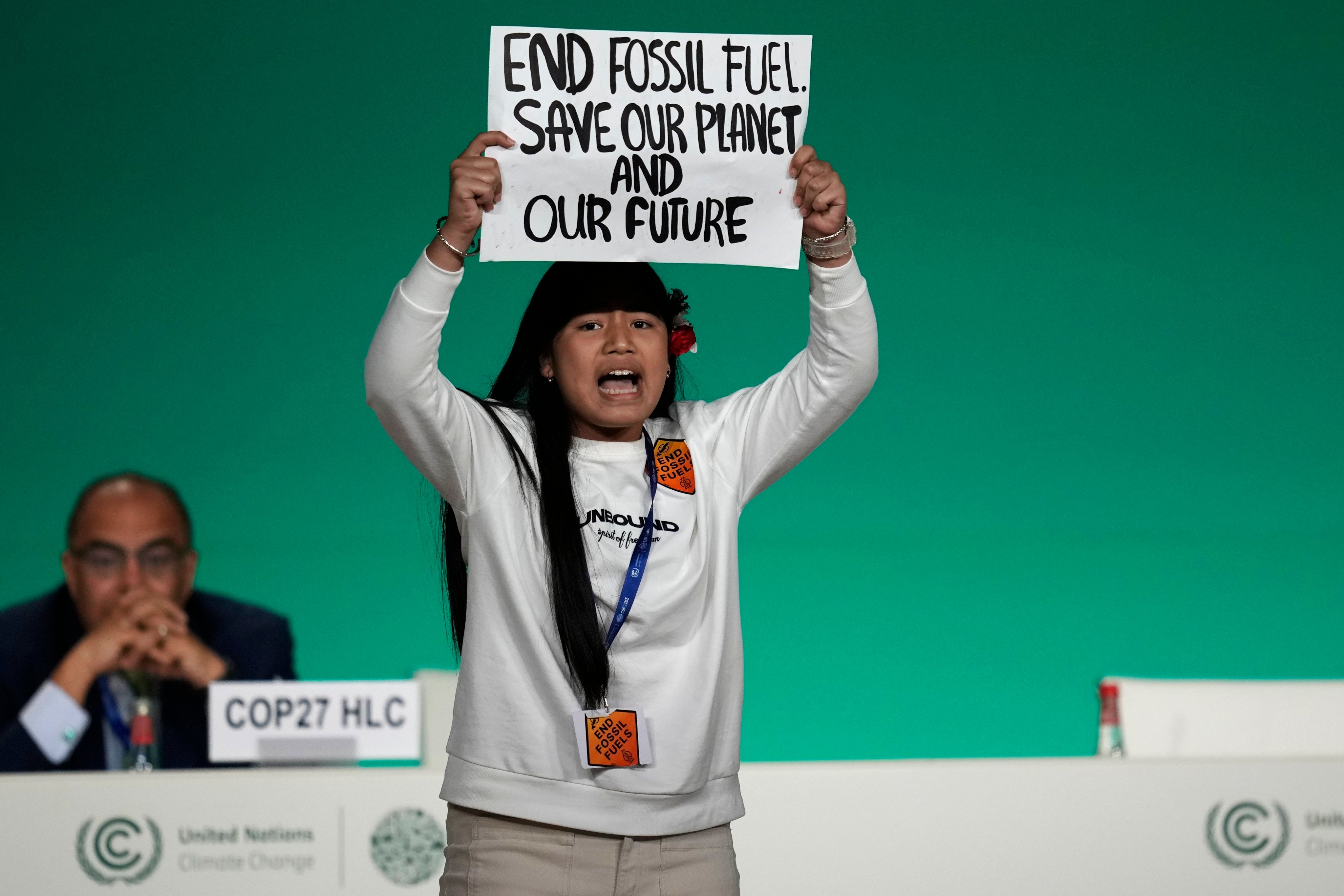 Licypriya Kangujam, a young environmental activist from India, protests against the use of fossil fuels during an event at Cop28 on December 11 in Dubai. Photo: AP 