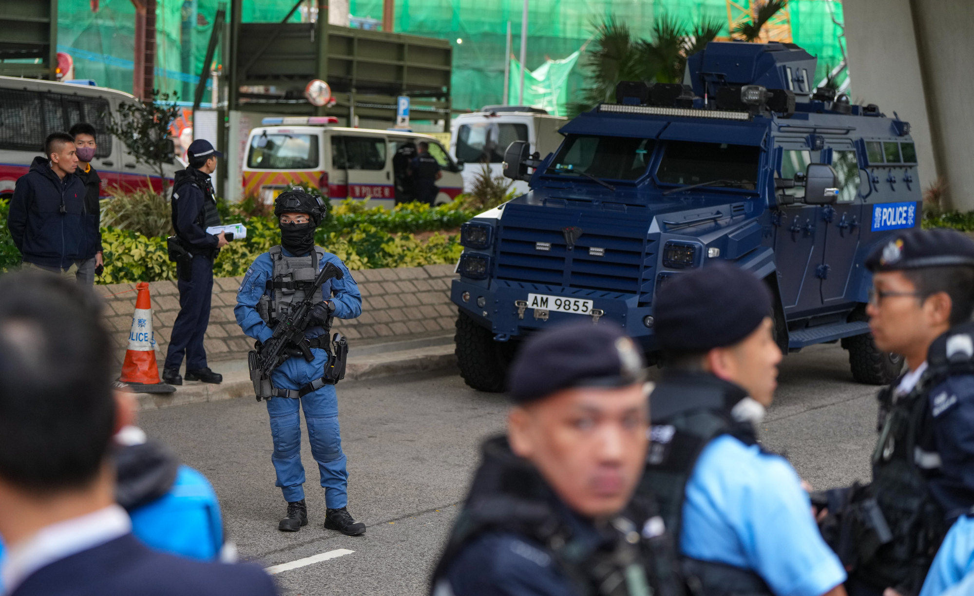 The anti-riot vehicle dubbed “Sabre-toothed tiger” near West Kowloon Court. Photo: Sam Tsang