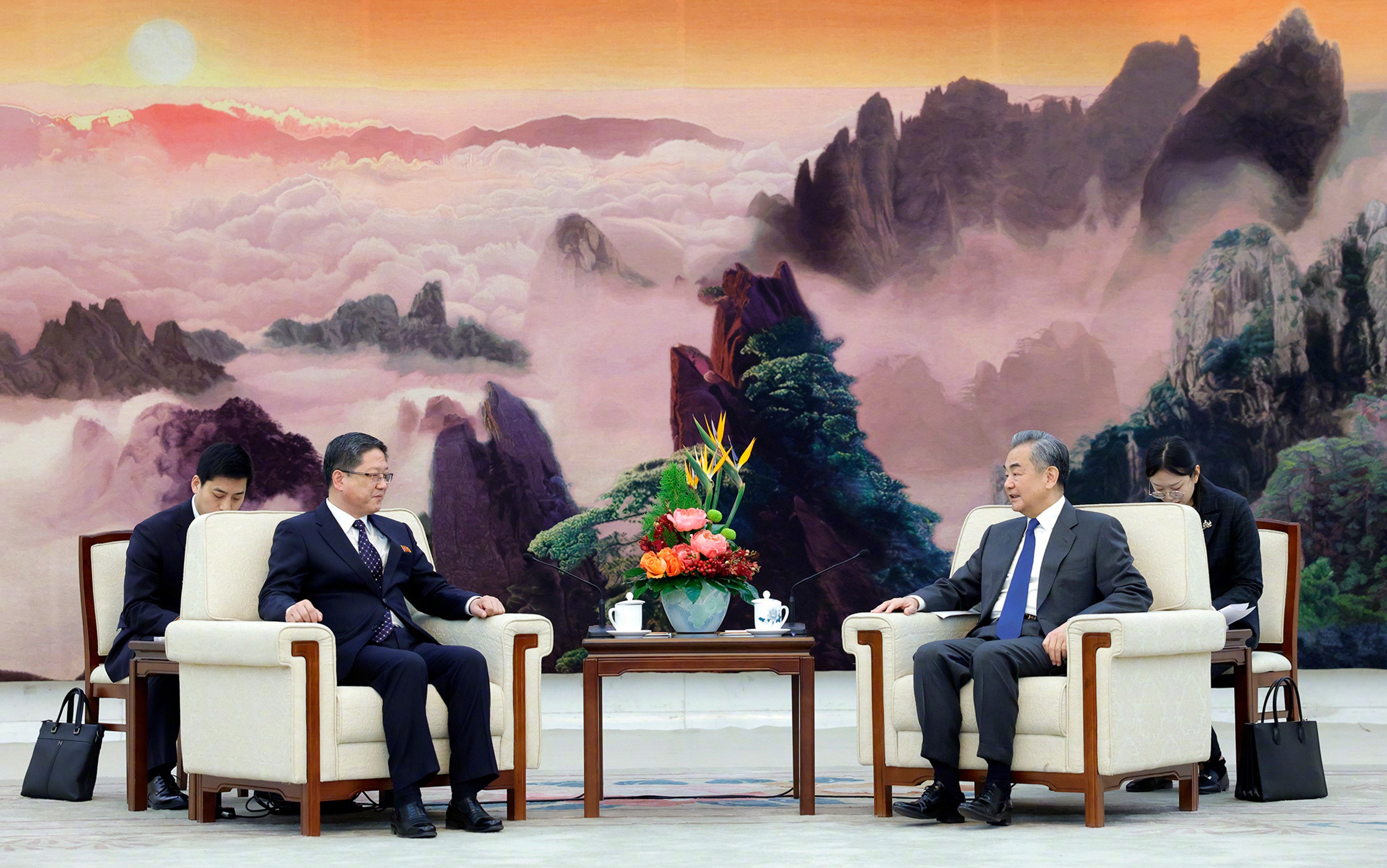Chinese Foreign Minister Wang Yi, right, meets North Korean deputy foreign minister Pak Myong-ho in Beijing. Photo: Ministry of Foreign Affairs, China