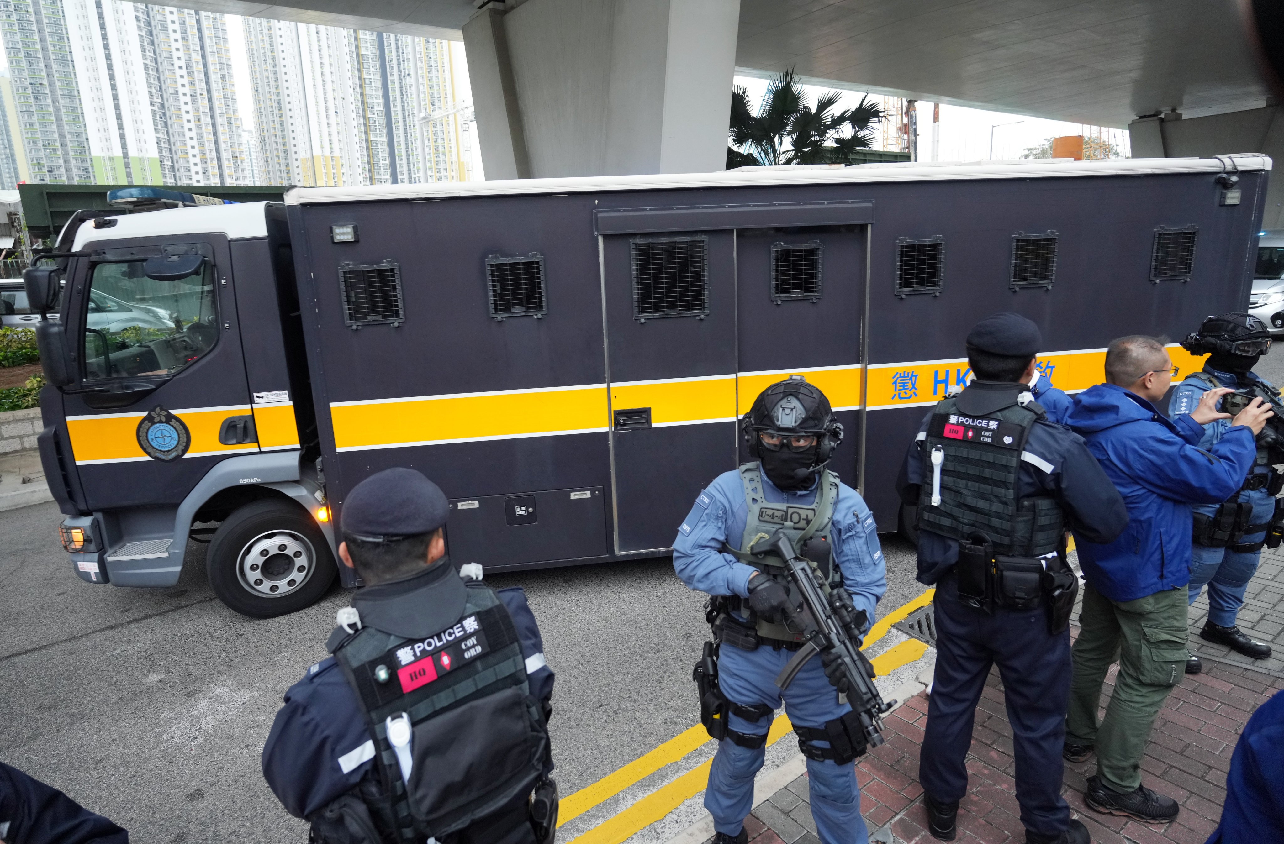A prison van carrying tycoon Jimmy Lai  leaves West Kowloon Court on Monday. Sam Tsang