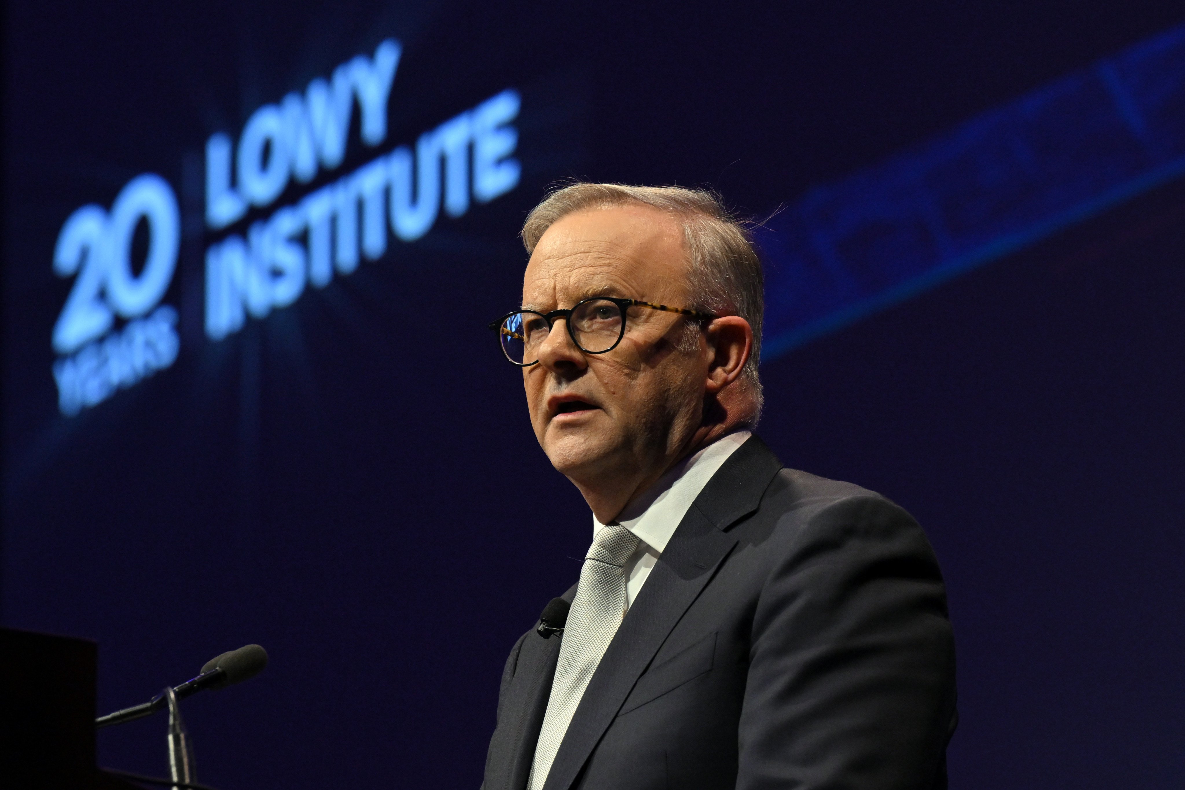 Australian Prime Minister Anthony Albanese delivers the 2023 Lowy Lecture at the Sydney Town Hall on Tuesday. Photo: dpa