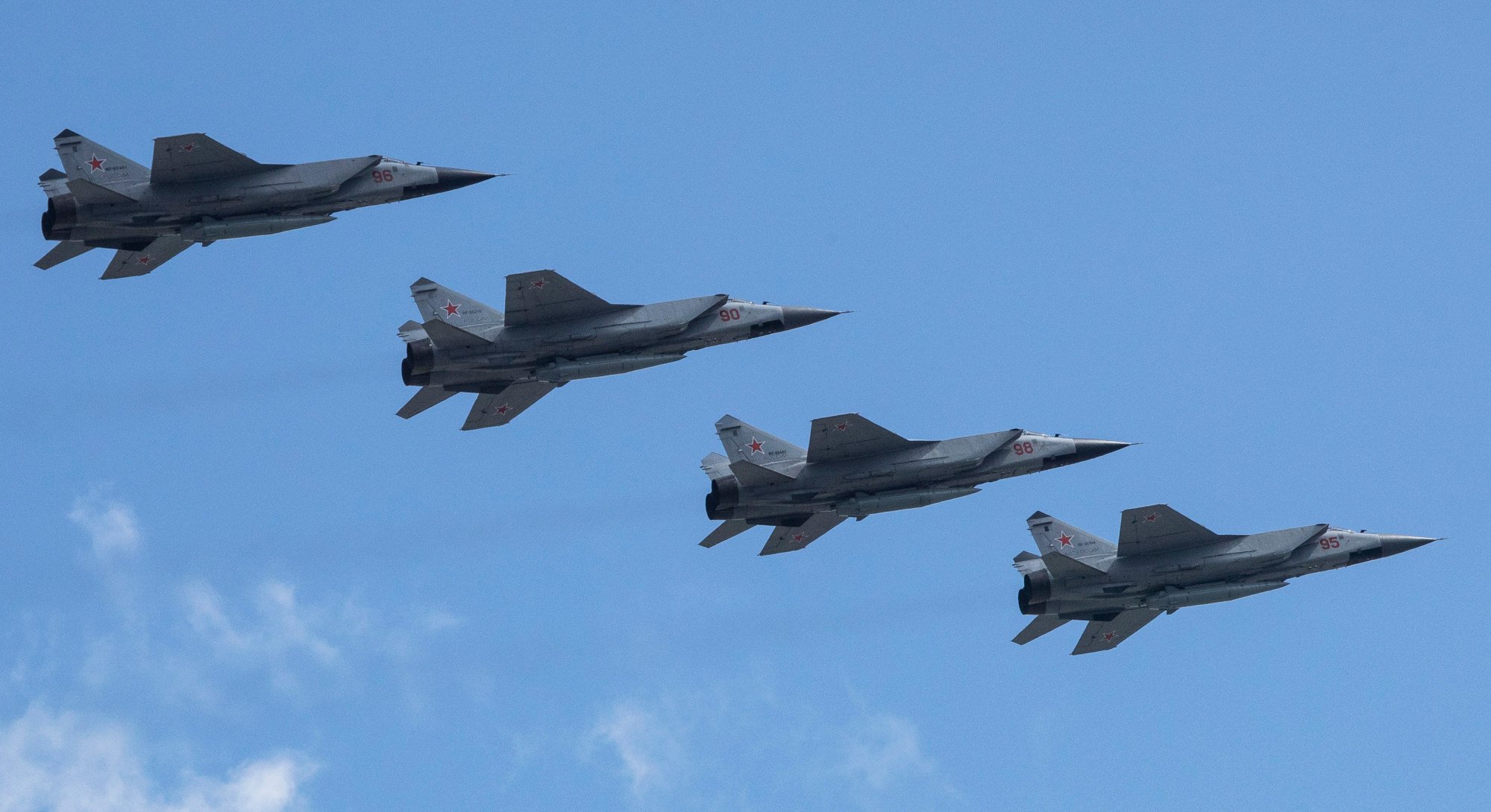 Russian’s Air Force Mikoyan MiG-31K jets carrying Kh-47M2 Kinzhal nuclear-capable air-launched ballistic missiles fly over Red Square during a rehearsal for the Victory Day military parade in Moscow in May 2021. Photo: AP